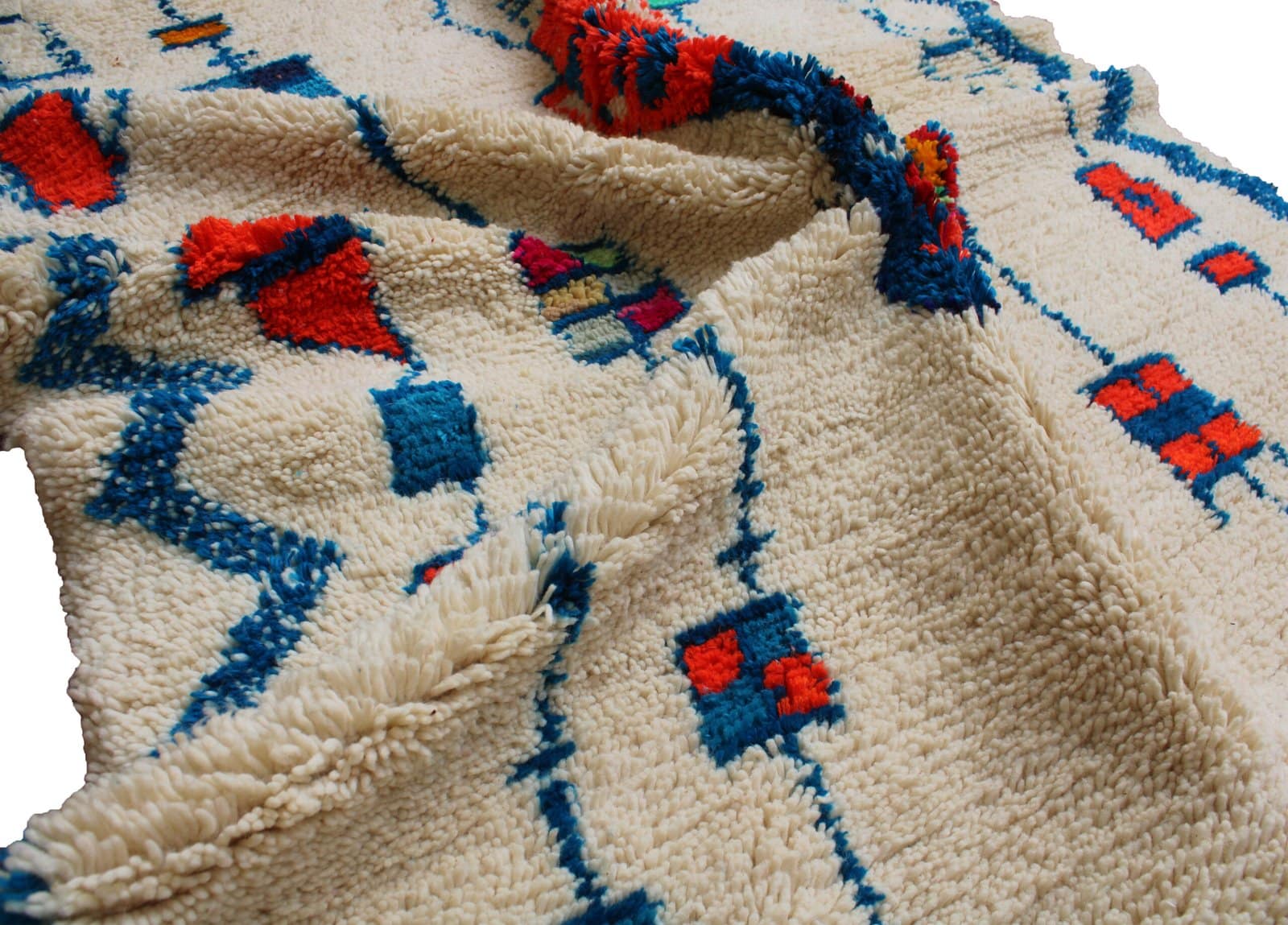 authentic-cream-blue-handwoven-moroccan-rug Handmade cream and blue Berber area rug texture detail