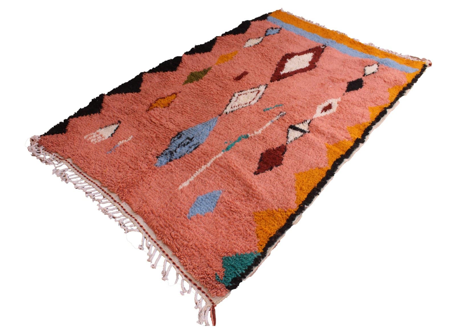 bohemian-moroccan-coral-area-rug Overhead image showing symmetrical tribal diamond patterns on a wool rug.