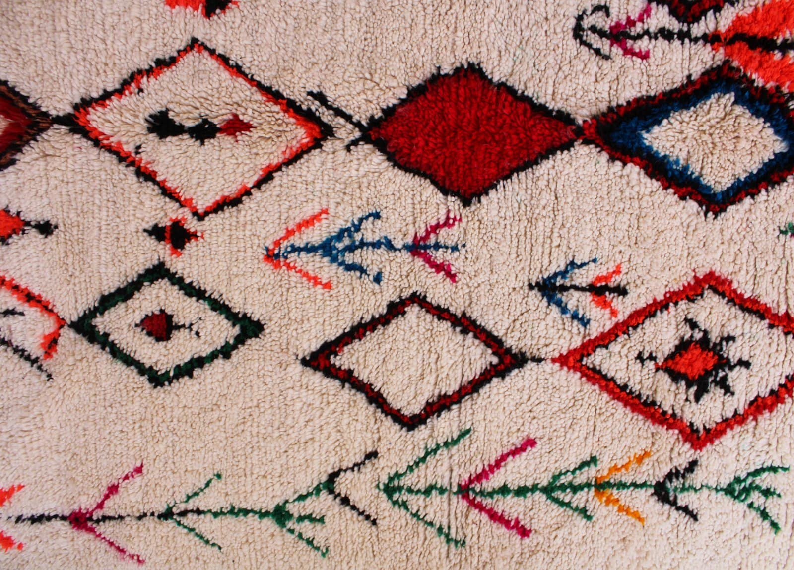 cream-boho-moroccan-area-rug Close-up of colorful geometric motifs on cream wool rug