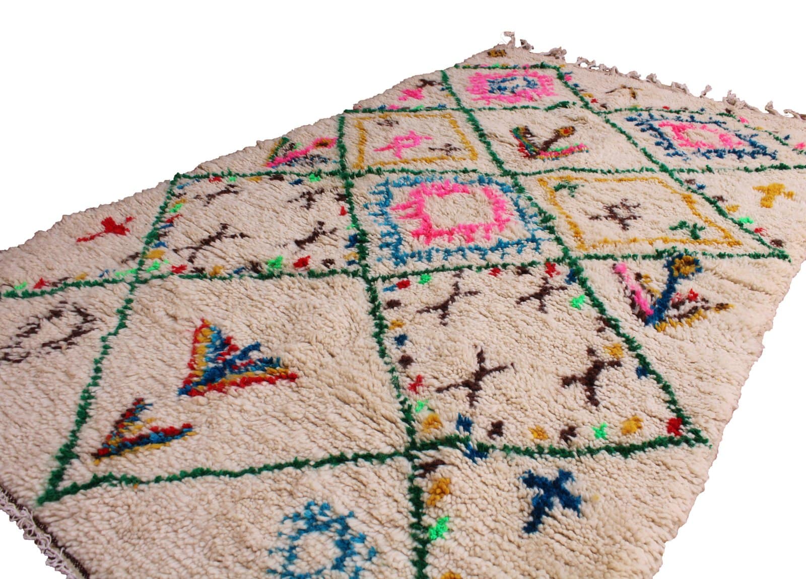 cream-wool-moroccan-rug-with-colorful-motifs Front-facing image of a cream Berber rug featuring multicolor geometric motifs and green lattice lines.
