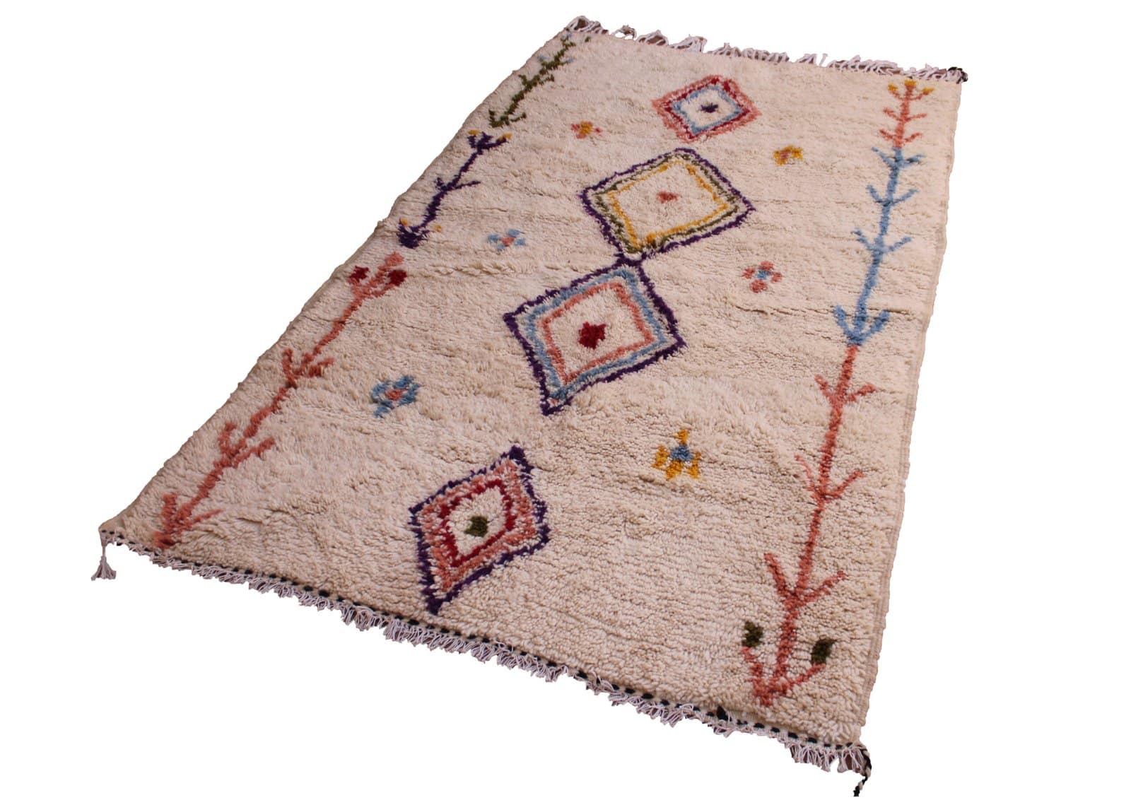 ivory-moroccan-beni-ourain-style-rug-multicolor Full-length product shot on white background showing the complete Moroccan Berber rug with symmetrical geometric and tribal motifs.