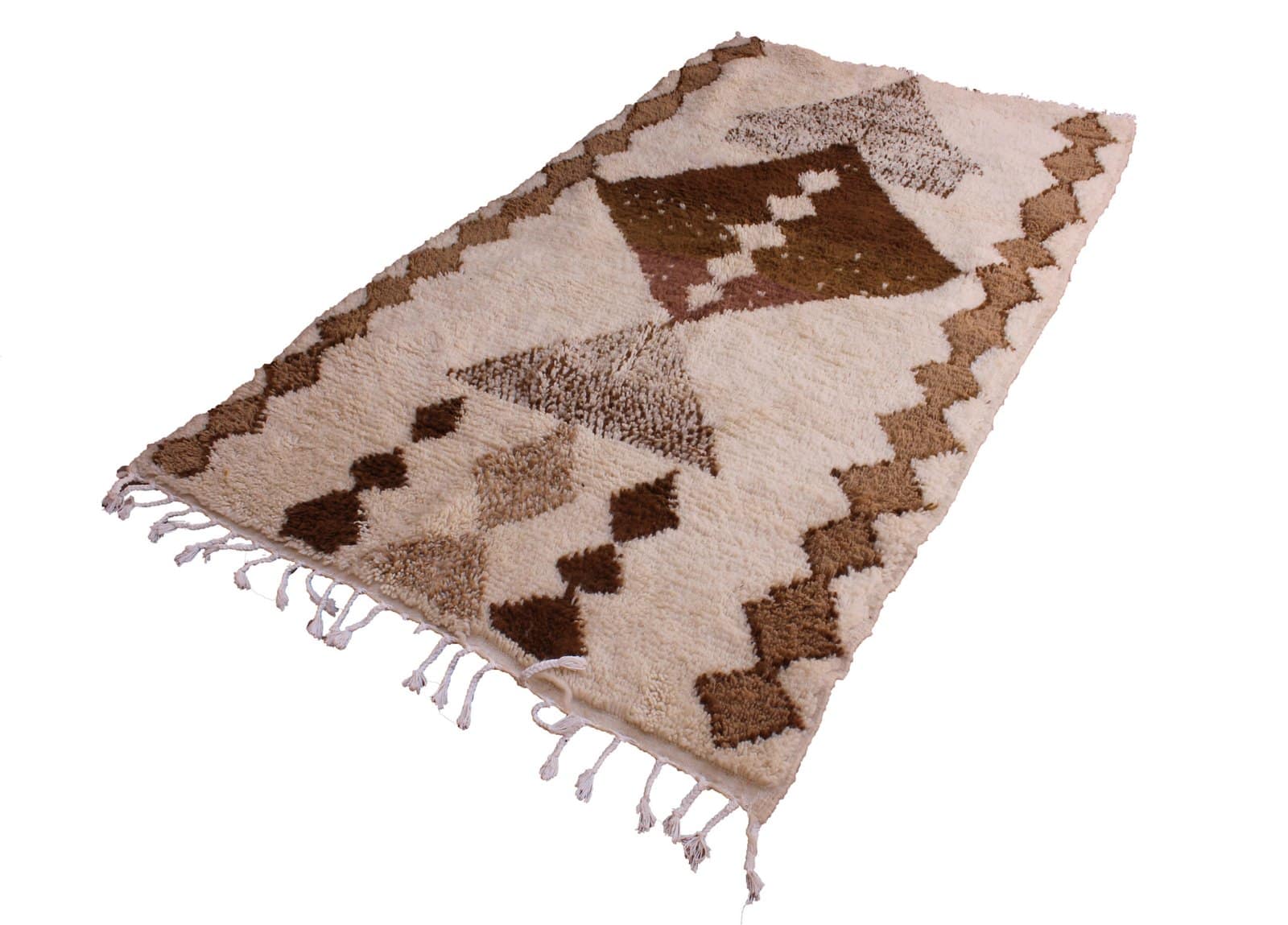 premium-ivory-brown-berber-wool-rug Top view of ivory Moroccan rug showing central diamond and symmetrical tribal motifs.