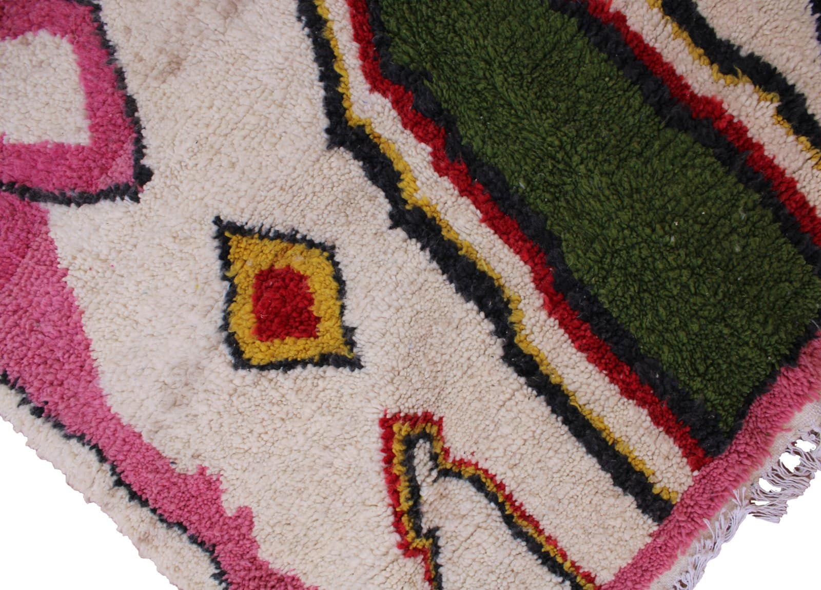thick-pile-berber-rug-ivory-with-bright-motifs Right side close-up showing bold pink vertical block and yellow accent area.