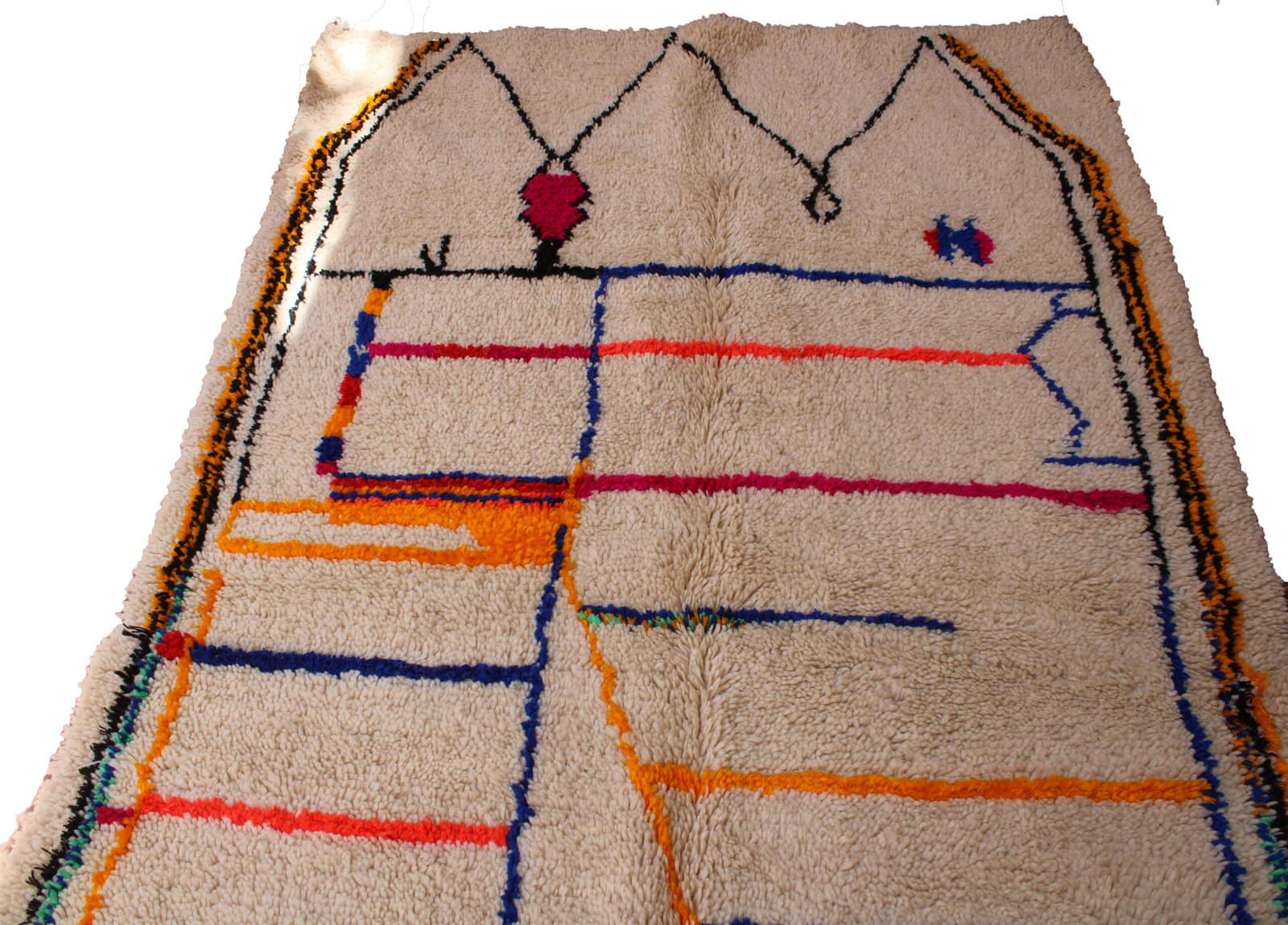 thick-pile-moroccan-berber-rug azilal style rug with multicolor horizontal stripes and fringe.