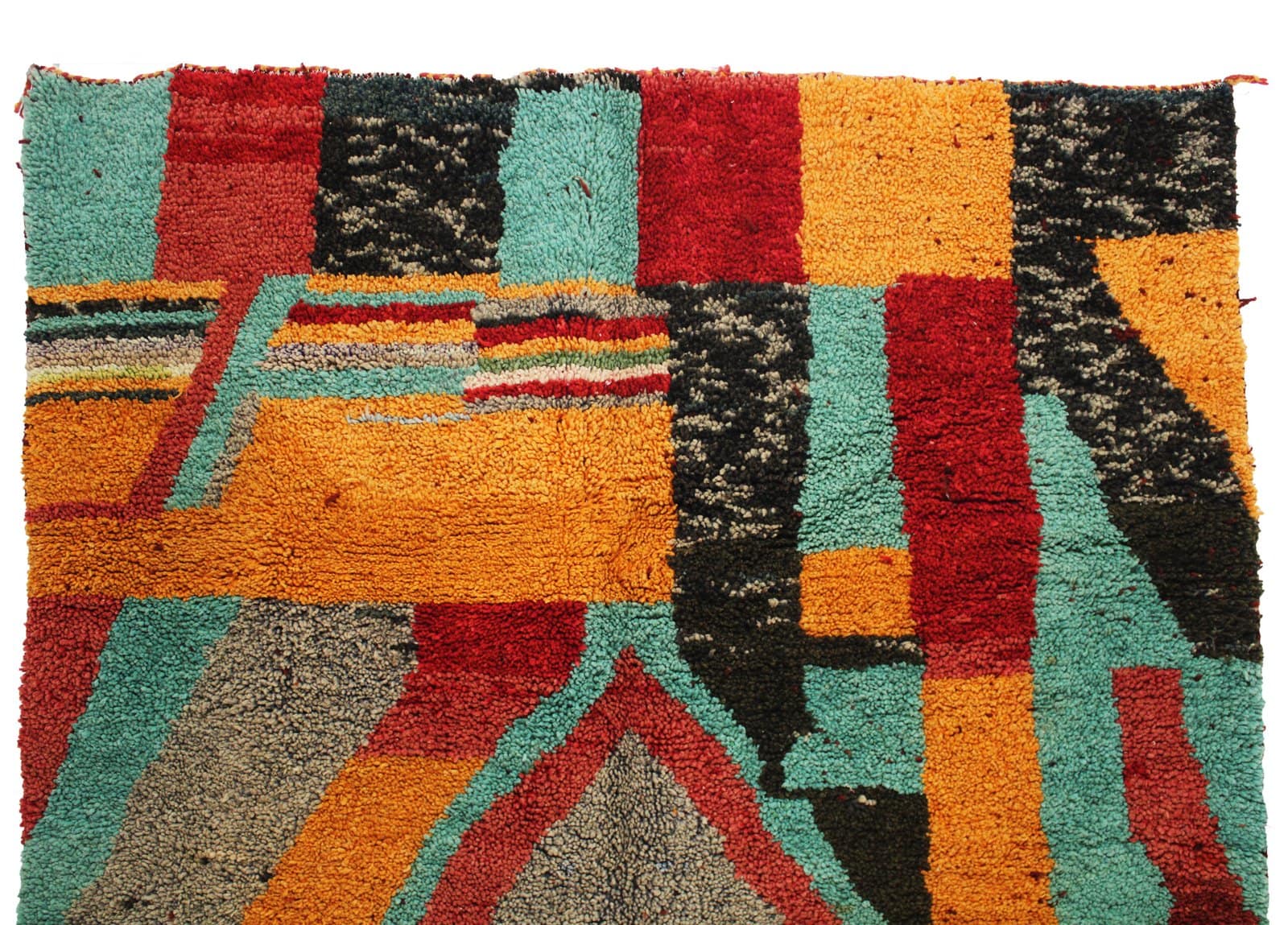artisan-handwoven-moroccan-boho-rug Slight angled view highlighting thick high-pile texture and vibrant color blocks.