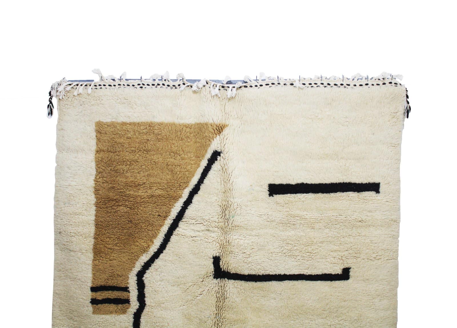 beni-ourain-style-rug-yellow-geometric Angled view of cream Moroccan rug with modern yellow and black design.