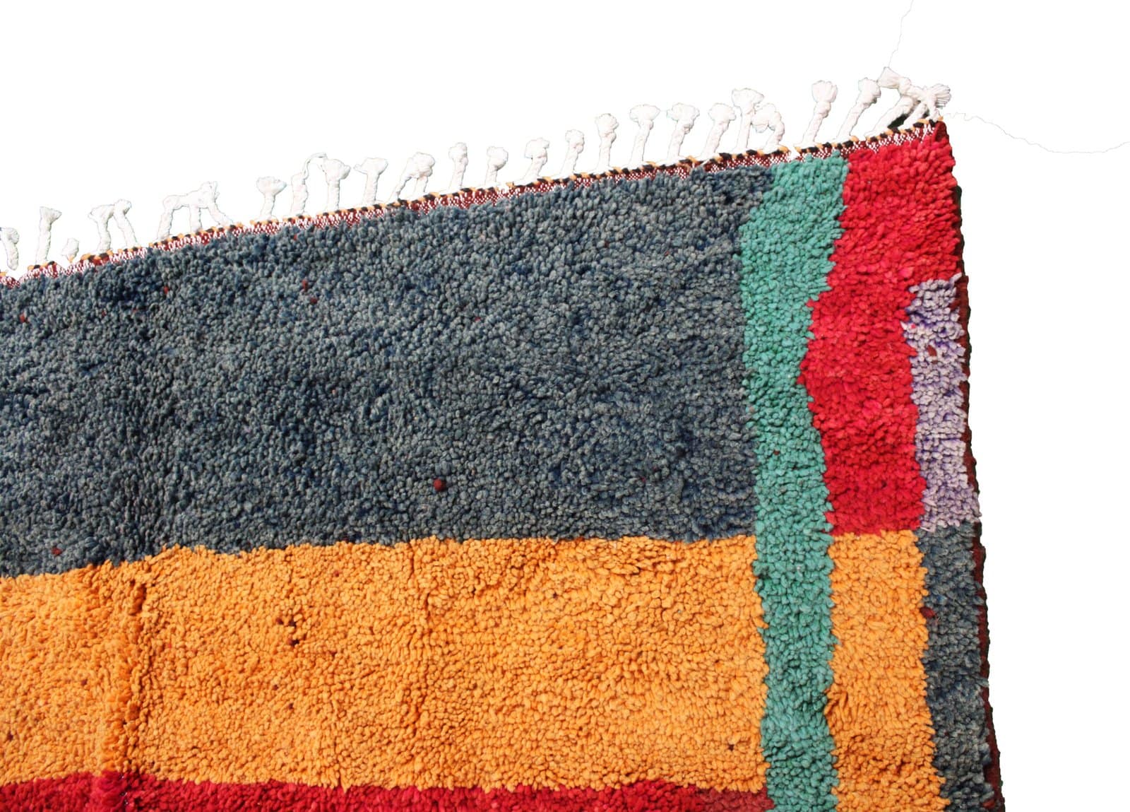 colorful-azilal-style-moroccan-area-rug Top section close-up showing multicolor square pattern and horizontal stripe details.