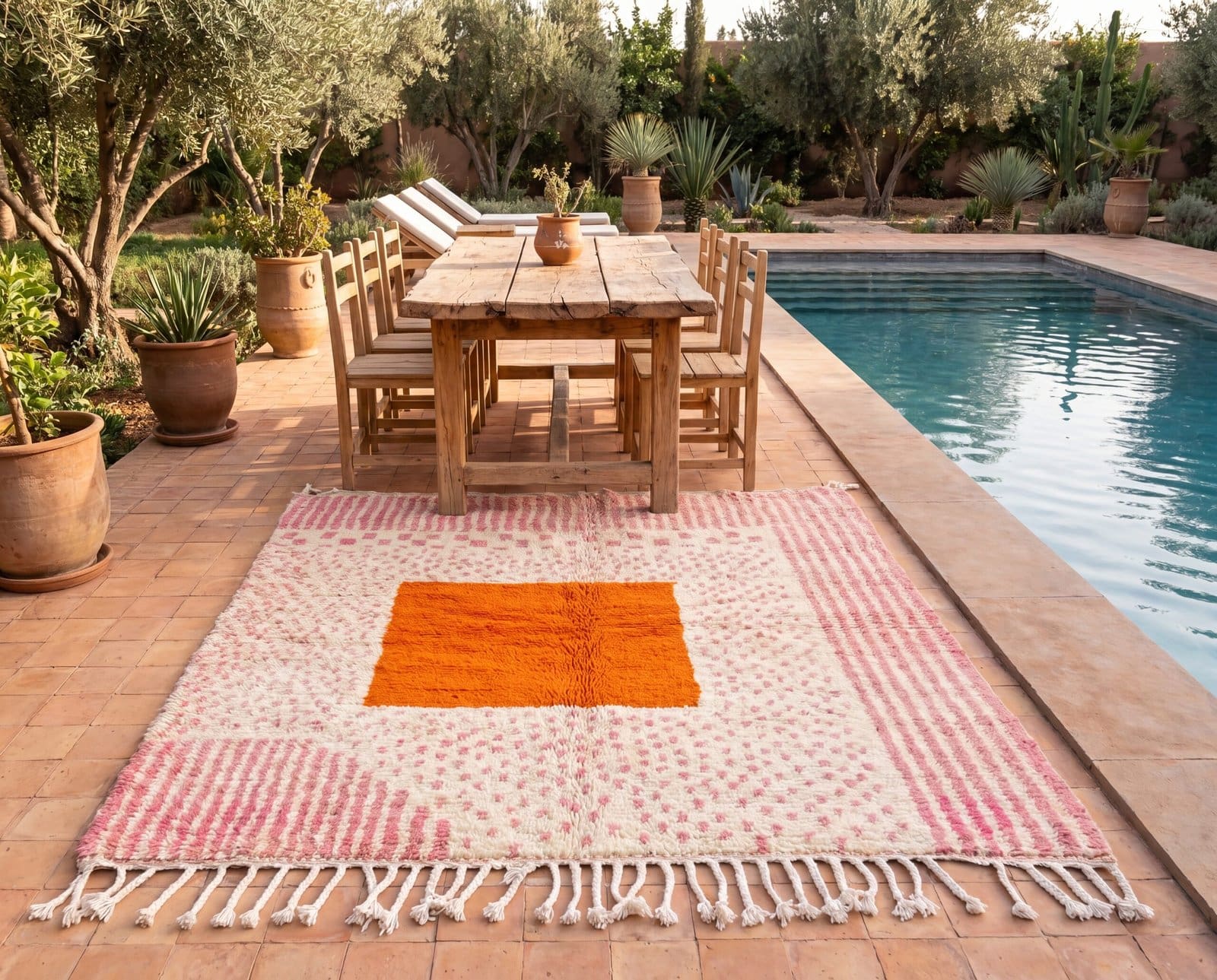 Generated Image June 09, 2026 - 5_43PM Handmade Moroccan Beni Ourain Rug – Pink Stripes, Orange Square Center, Boho Wool Carpet