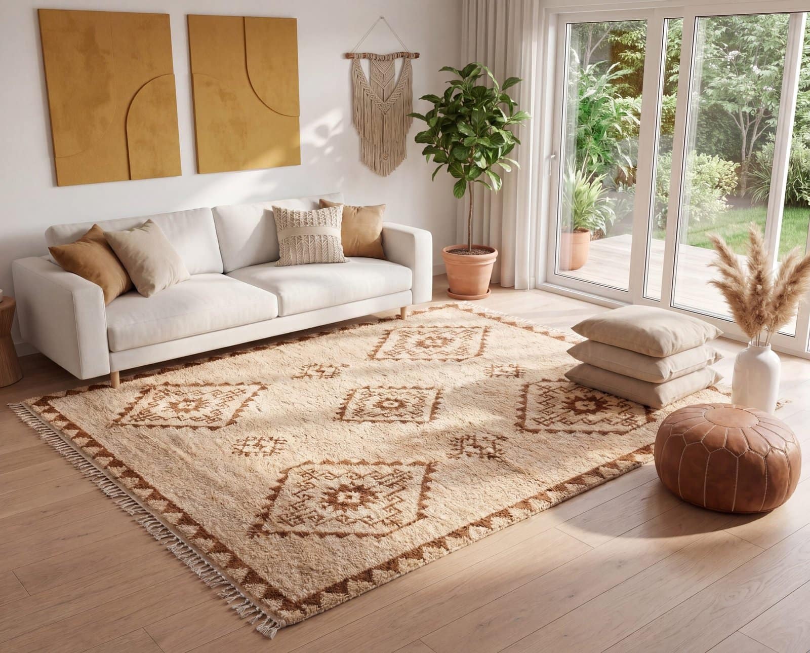 Generated Image May 09, 2026 - 11_21PM Handmade Moroccan Wool Rug, Plush creamy wool base with brown geometric motifs
