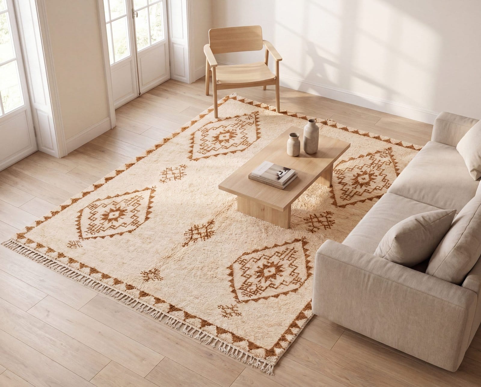 Generated Image May 09, 2026 - 11_53PM Handmade Moroccan Wool Rug, Plush creamy wool base with brown geometric motifs