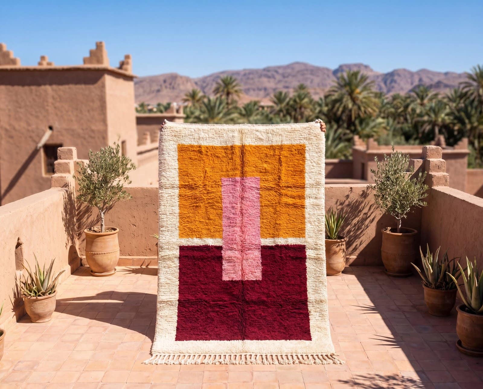Image-of-a-Moroccan-iron-rug-displayed-on-a-burnt-clay-surface Handmade Beni Ourain Wool Rug, Colorful Moroccan Geometric Area Rug