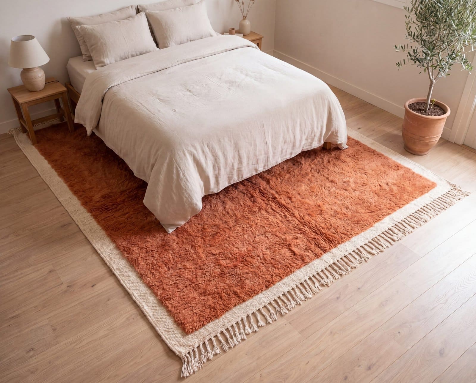 Scandinavian-bedroom-brownrug Beni Ourain Rug Terracotta Brown, Moroccan Rug 8x10, Handmade Wool Rug, Berber Carpet, Boho Living Room, High Pile Area Rug