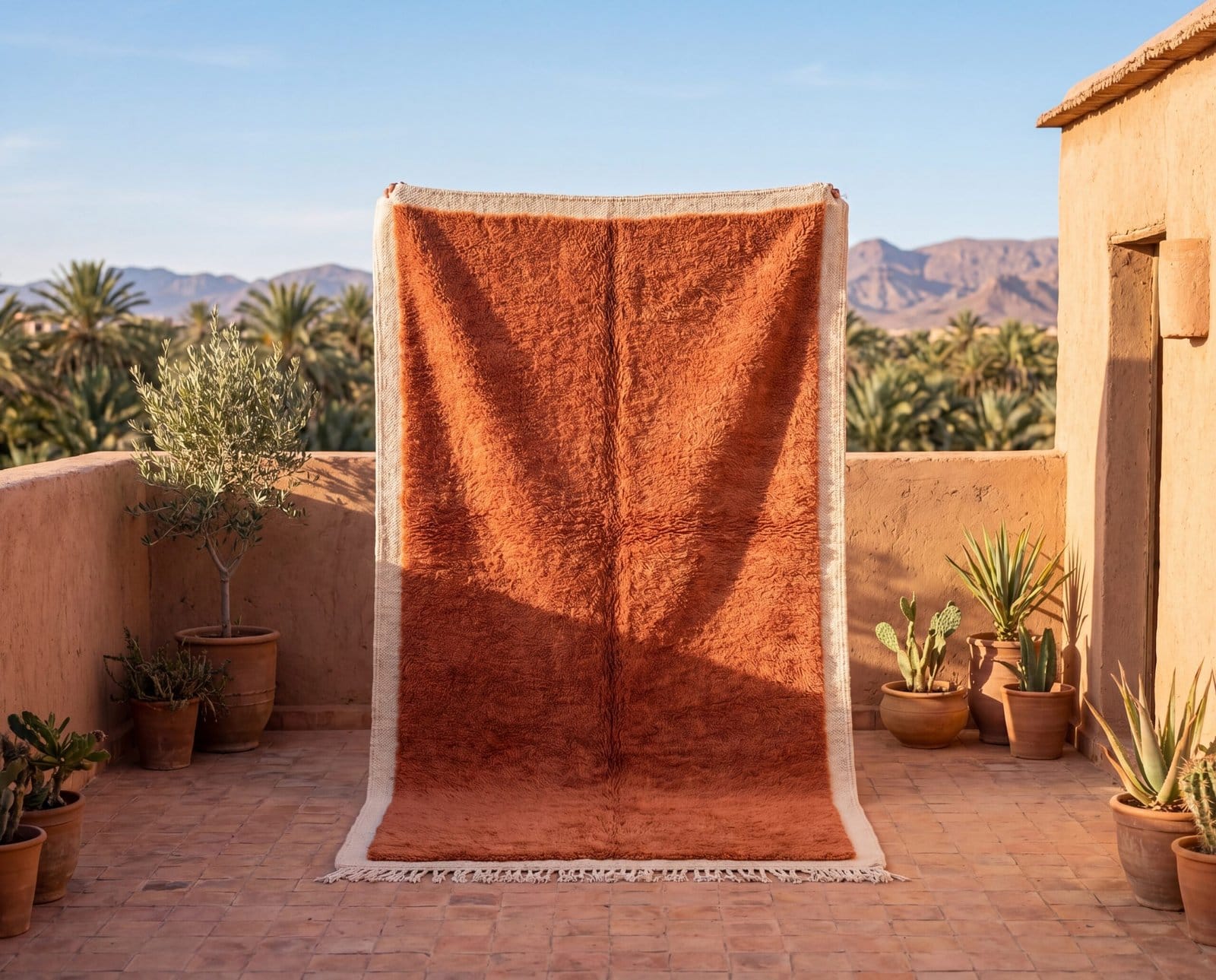 Terracotta-brown-rug-fpr-living-room Beni Ourain Rug Terracotta Brown, Moroccan Rug 8x10, Handmade Wool Rug, Berber Carpet, Boho Living Room, High Pile Area Rug