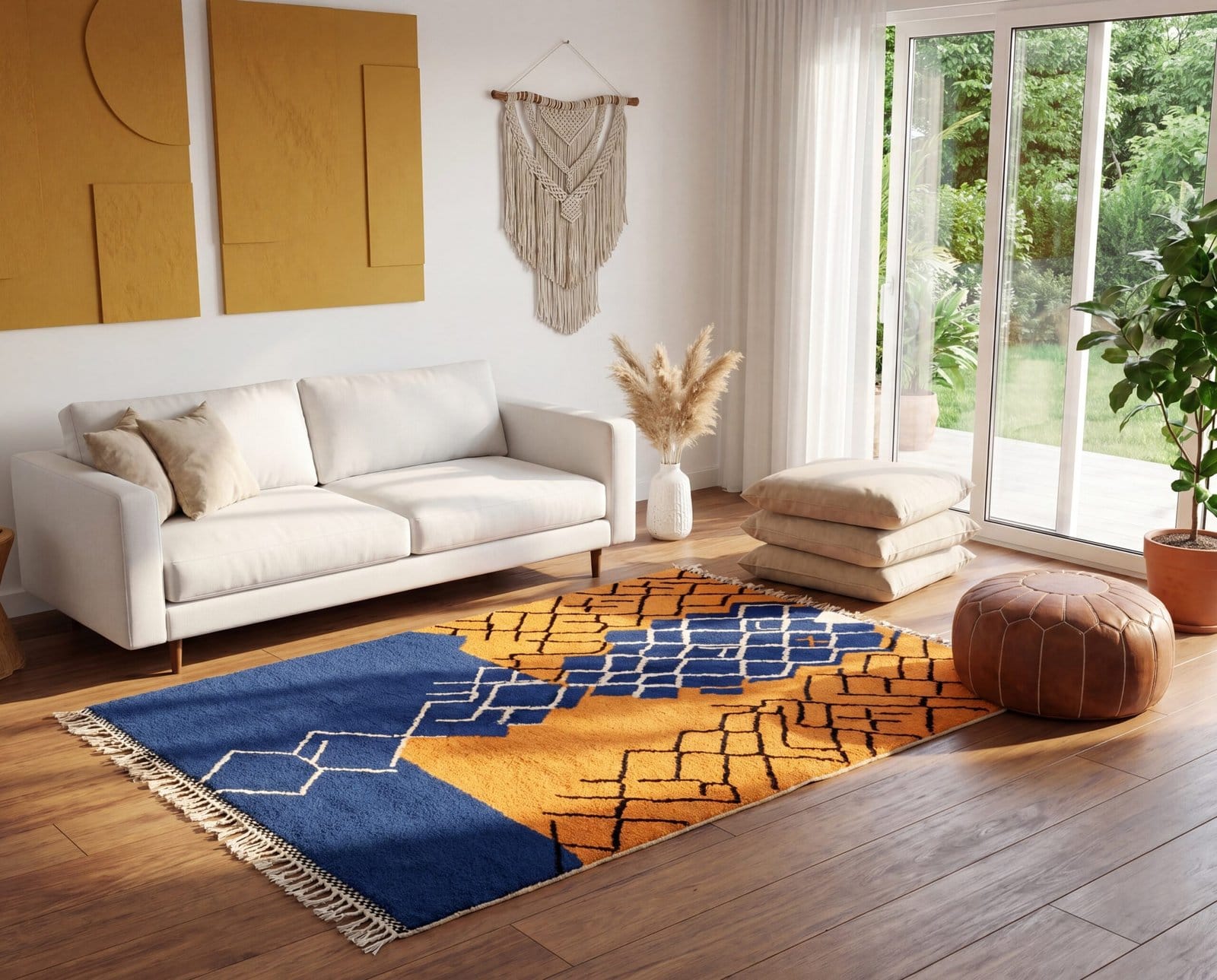 abstract-blue-beniourain-rug-high-pile-boho-moroccan-carpet Handmade Beni Ourain Wool Rug – Moroccan Berber Boho Carpet, Blue Orange Geometric Design