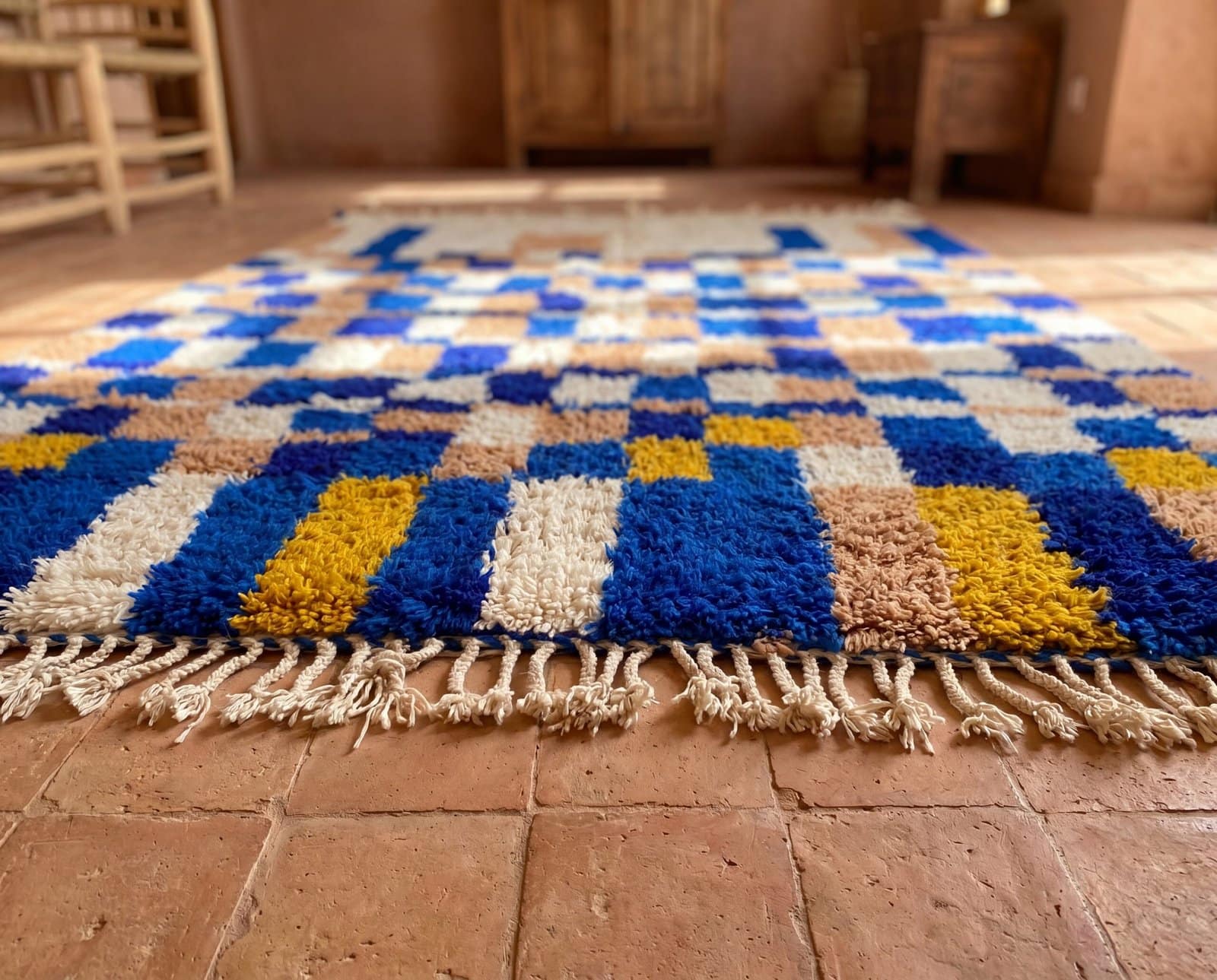 artisan-berber-carpet-colorful-moroccan-floor-rug Handmade Moroccan Azilal Rug | Blue Berber Wool Geometric Carpet