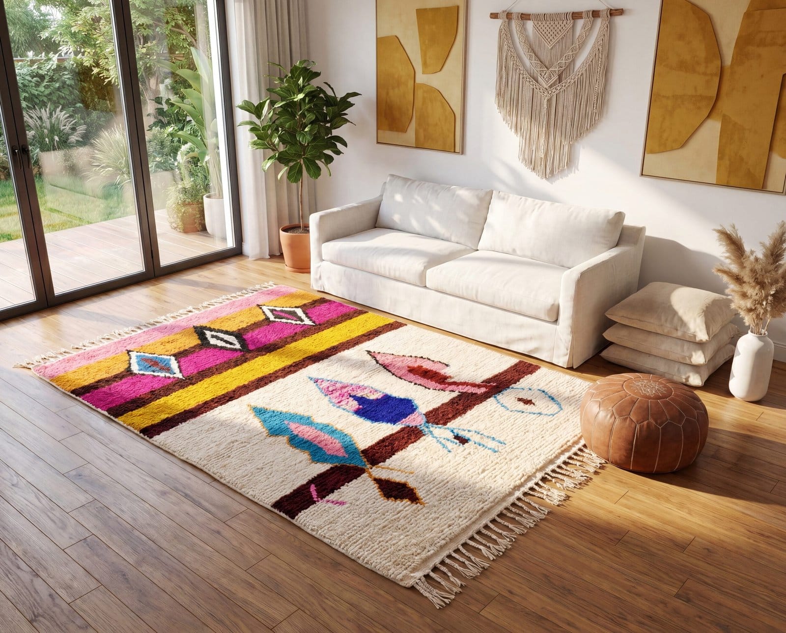 artisan-berber-rug-luxury-boho-home-decor Pink Moroccan Berber Rug | Handmade Colorful Wool Area Rug | Plush Boho Tribal Carpet | Cream Living Room Decor | Custom Size
