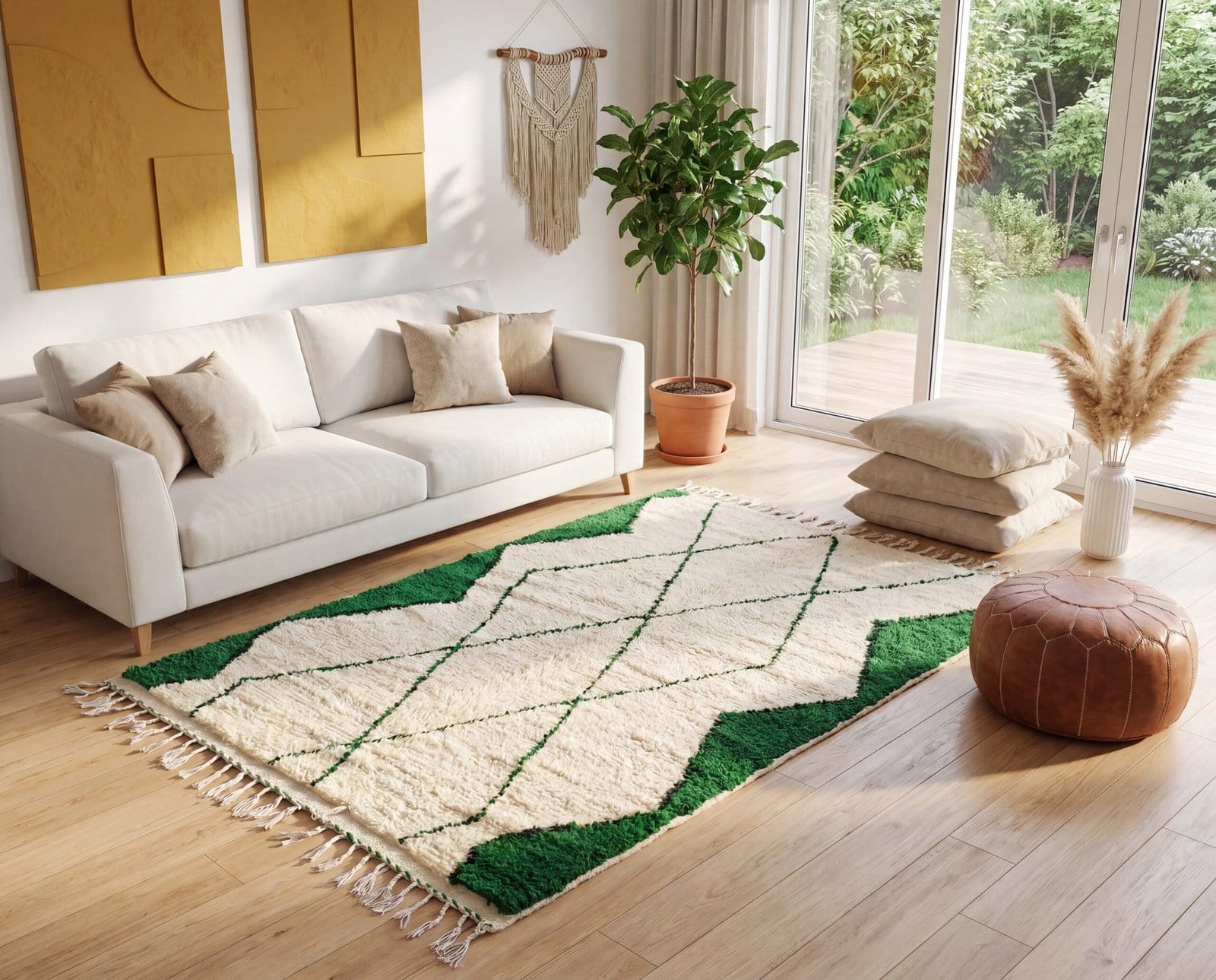 artisan-handmade-berber-rug-ivory-green-wool-carpet Olive Green Beni Ourain Rug | Handmade Moroccan Wool Rug | Green & White Berber Carpet | Natural Fiber Boho Area Rug