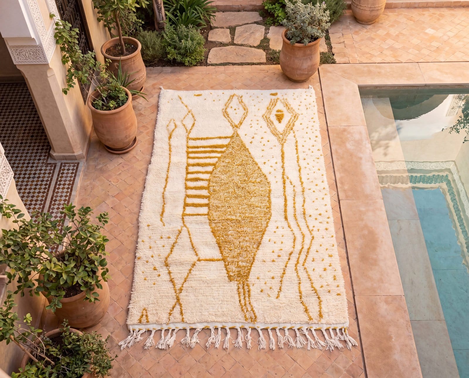 artisan-handmade-moroccan-rug-beni-ourain-style Mustard Geometric Moroccan Wool Carpet | Handmade Berber Area Rug | Boho Modern Living Room Decor