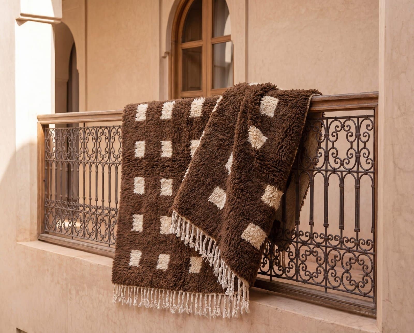 artisan-moroccan-carpet-brown-geometric-wool-rug Custom Moroccan Rug, Beni Ourain Brown & White Geometric, Square Shag Rug, Handmade Area Rug
