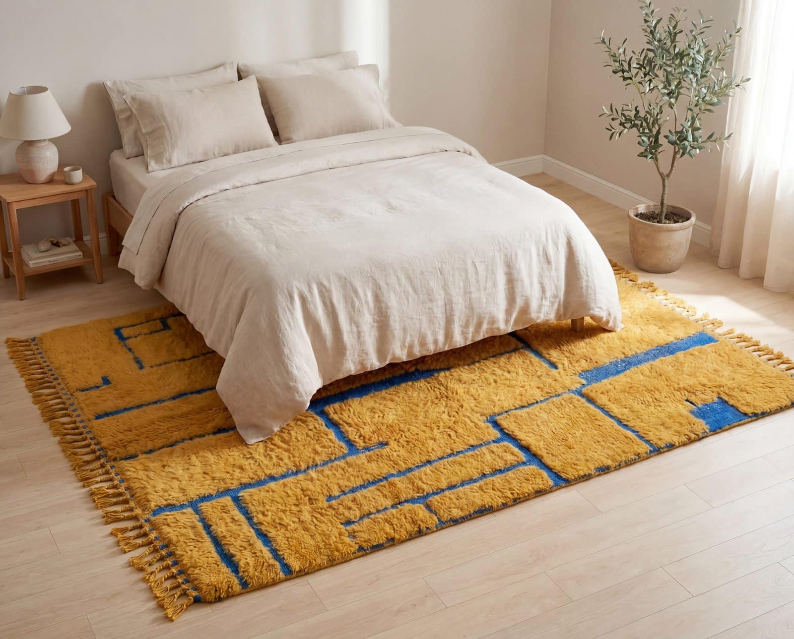 artisan-moroccan-rug-blue-orange-stripe Handmade Beni Ourain Red Rug – Authentic Moroccan Red Rug, Geometric Design, Boho Home Decor