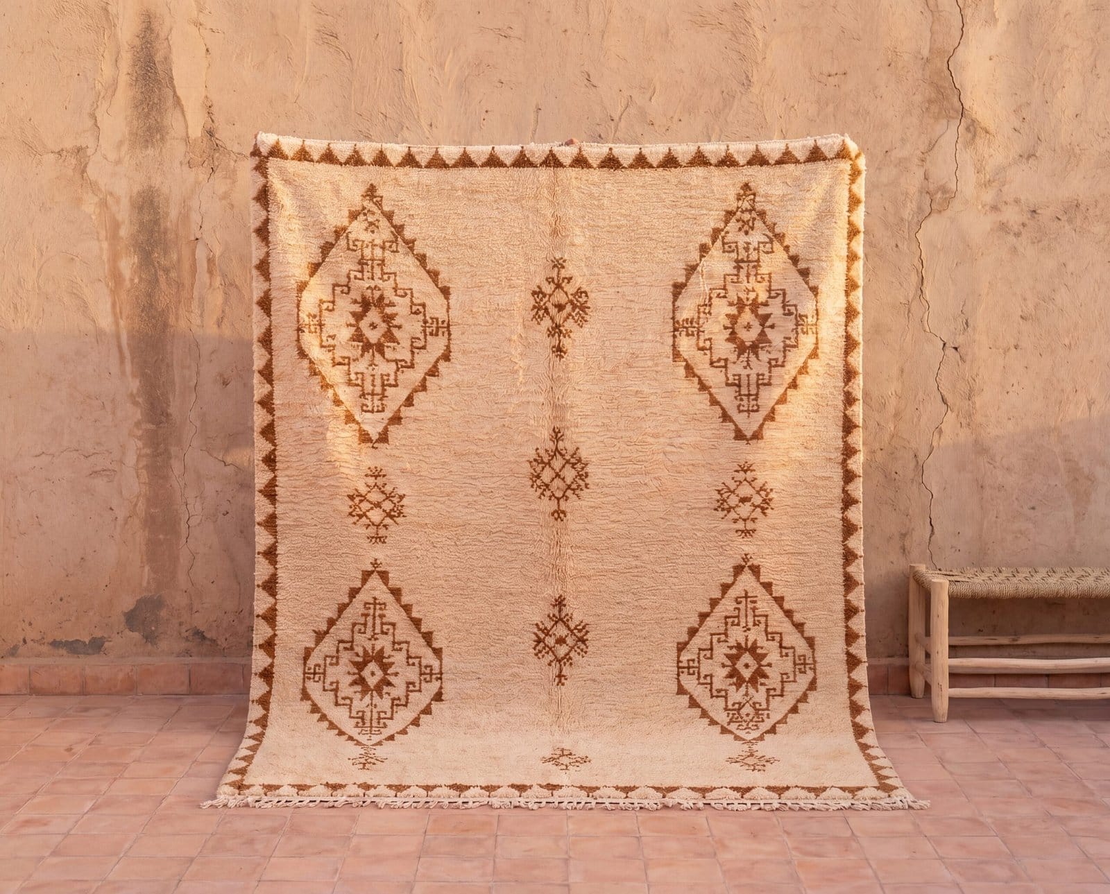 artisan-moroccan-rug-boho-bedroom-decor Handmade Moroccan Wool Rug, Plush creamy wool base with brown geometric motifs