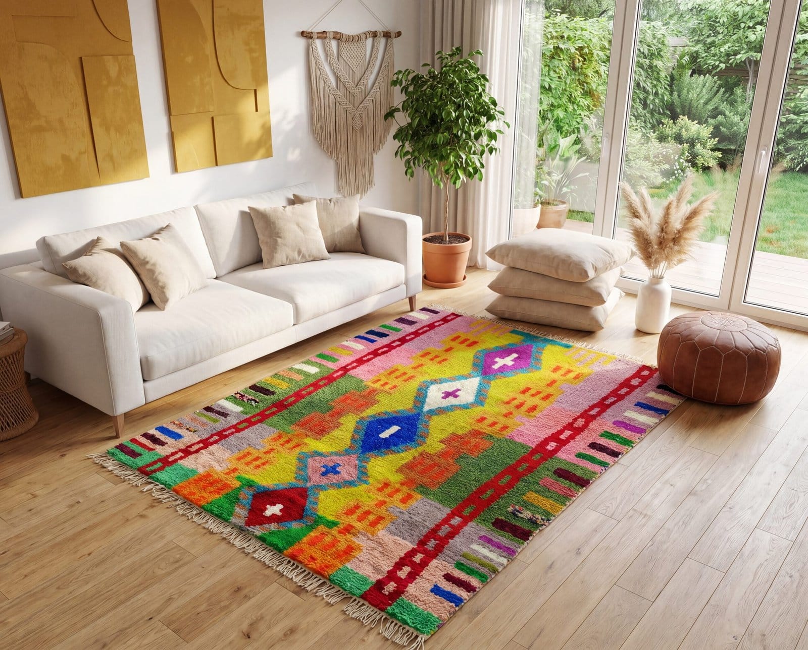 artisan-moroccan-rug-bright-geometric-wool-carpet Colorful Moroccan Rug, Artistic Moroccan Wool Rug, Custom Morrocan Rug, Handmade Carpet