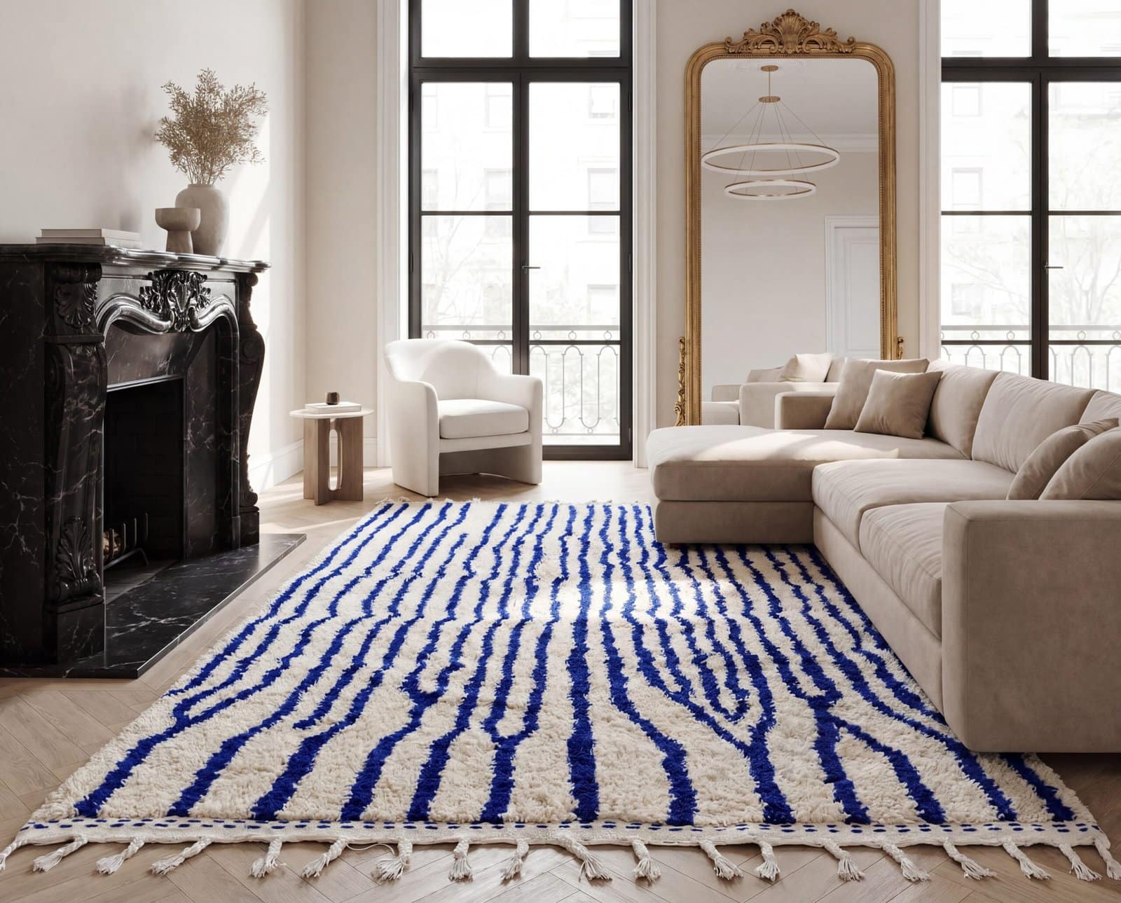 artisan-moroccan-wool-rug-modern-berber-design Contemporary Beni Ourain Rug – Luxury Moroccan Ivory Blue Stripe Area Rug