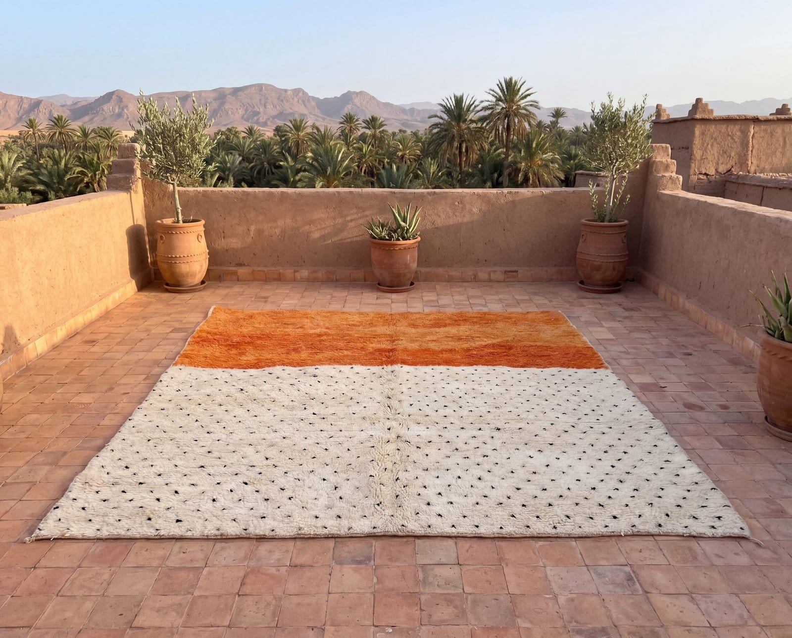 atlas-mountains-moroccan-wool-rug-orange-white-black-dots-artisan Orange & White Polka Dot Moroccan Rug | Handmade Berber Wool Rug | Boho Nursery , Living Room Decor