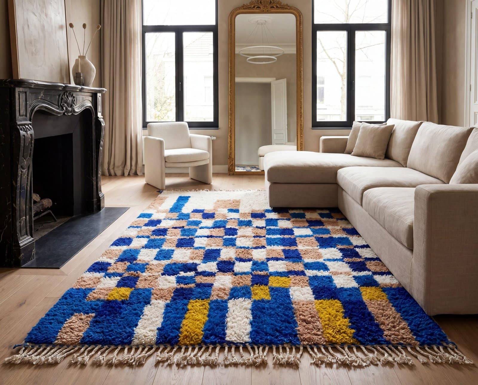 authentic-berber-rug-blue-cream-geometric-pattern Handmade Moroccan Azilal Rug | Blue Berber Wool Geometric Carpet
