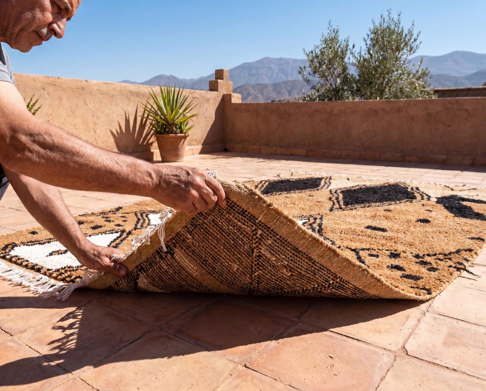 authentic-berber-rug-handwoven-moroccan-carpet Hand-Knotted Beni Ourain Wool Rug, Brown White Berber Shag Carpet