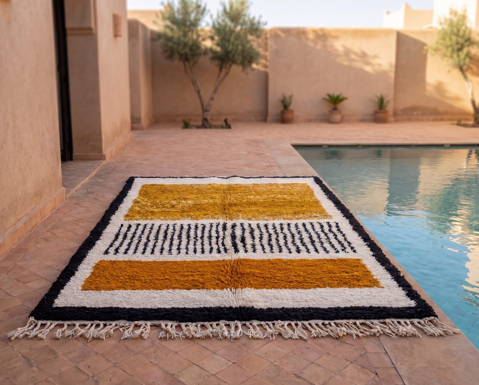 authentic-berber-rug-mustard-ivory-black-shaggy-rug Mustard Yellow Beni Ourain Rug | Black Geometric Striped Moroccan Wool Rug | Handwoven Berber Area Rug | Tribal Handmade Carpet | Teppich