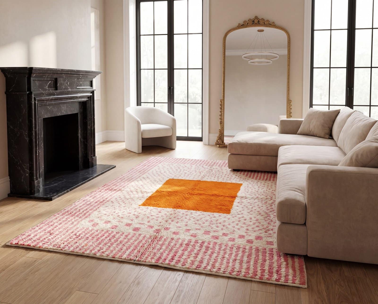authentic-berber-rug-pink-geometric-pattern-wool-rug Handmade Moroccan Beni Ourain Rug – Pink Stripes, Orange Square Center, Boho Wool Carpet