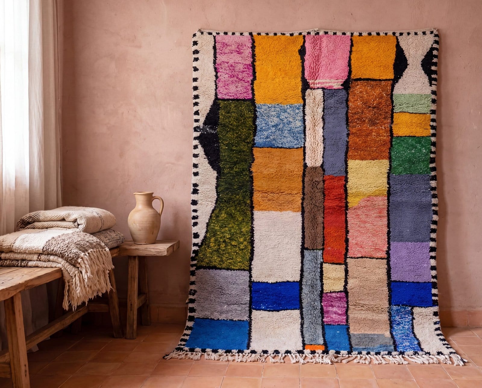 azilal-rug-colorful-moroccan-rug-pink-orange-green-wool-rug Handmade Moroccan Azilal Wool Rug – Colorful Geometric Berber Boho Area Carpet