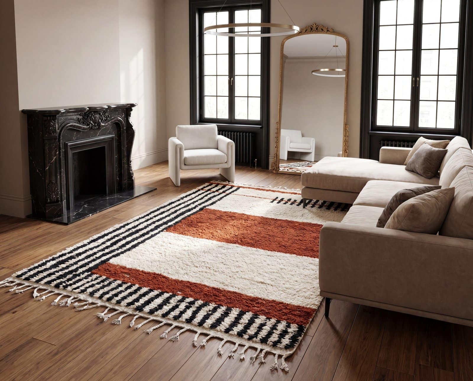 beni-ourain-inspired-rug-ivory-wool-rug-modern-boho-home-decor Authentic Moroccan Berber Rug, Handwoven Wool Area Rug, Neutral Boho Living Room Carpet, Geometric Decor