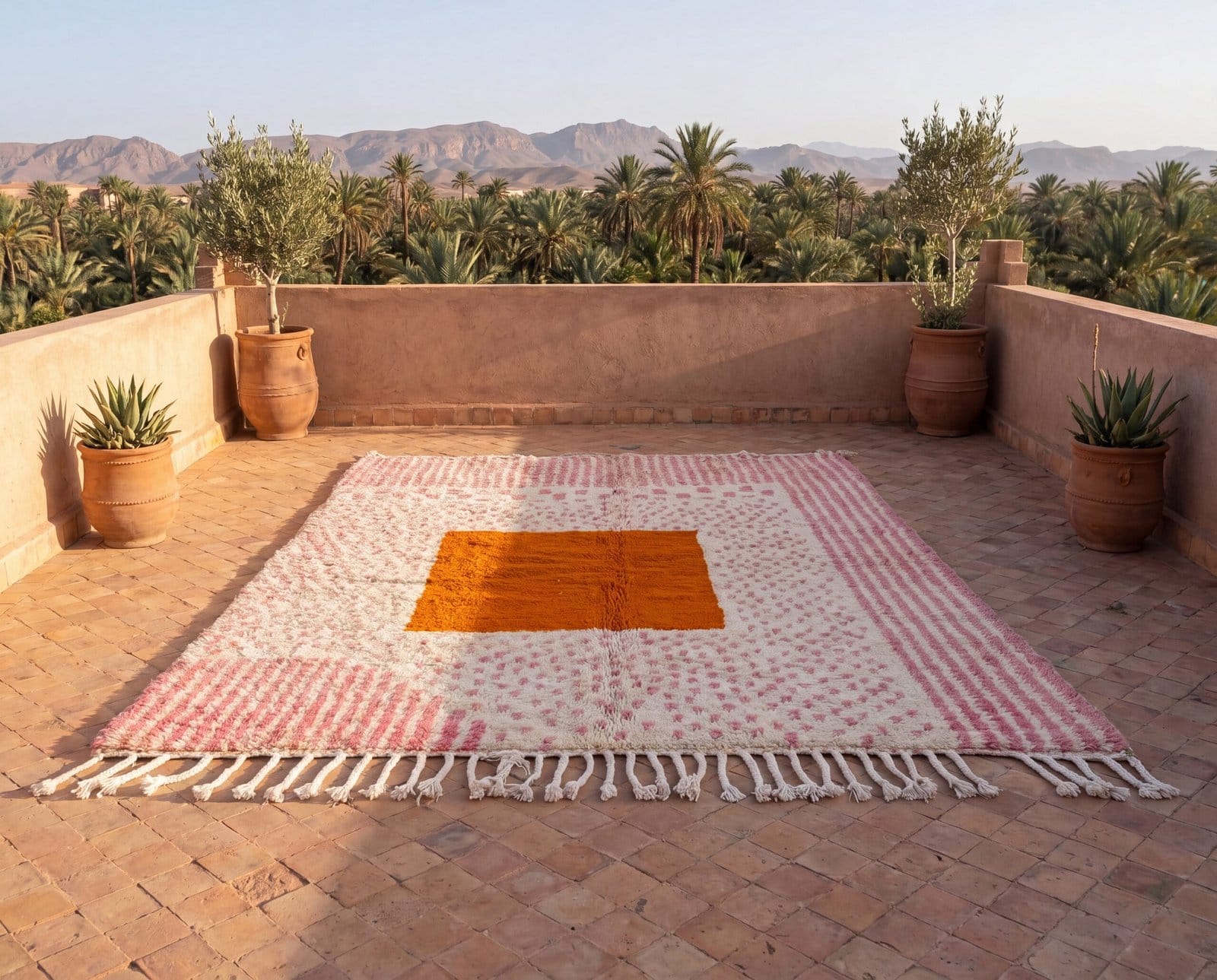 beni-ourain-pink-rug-orange-block-design-luxury-rug Handmade Moroccan Beni Ourain Rug – Pink Stripes, Orange Square Center, Boho Wool Carpet