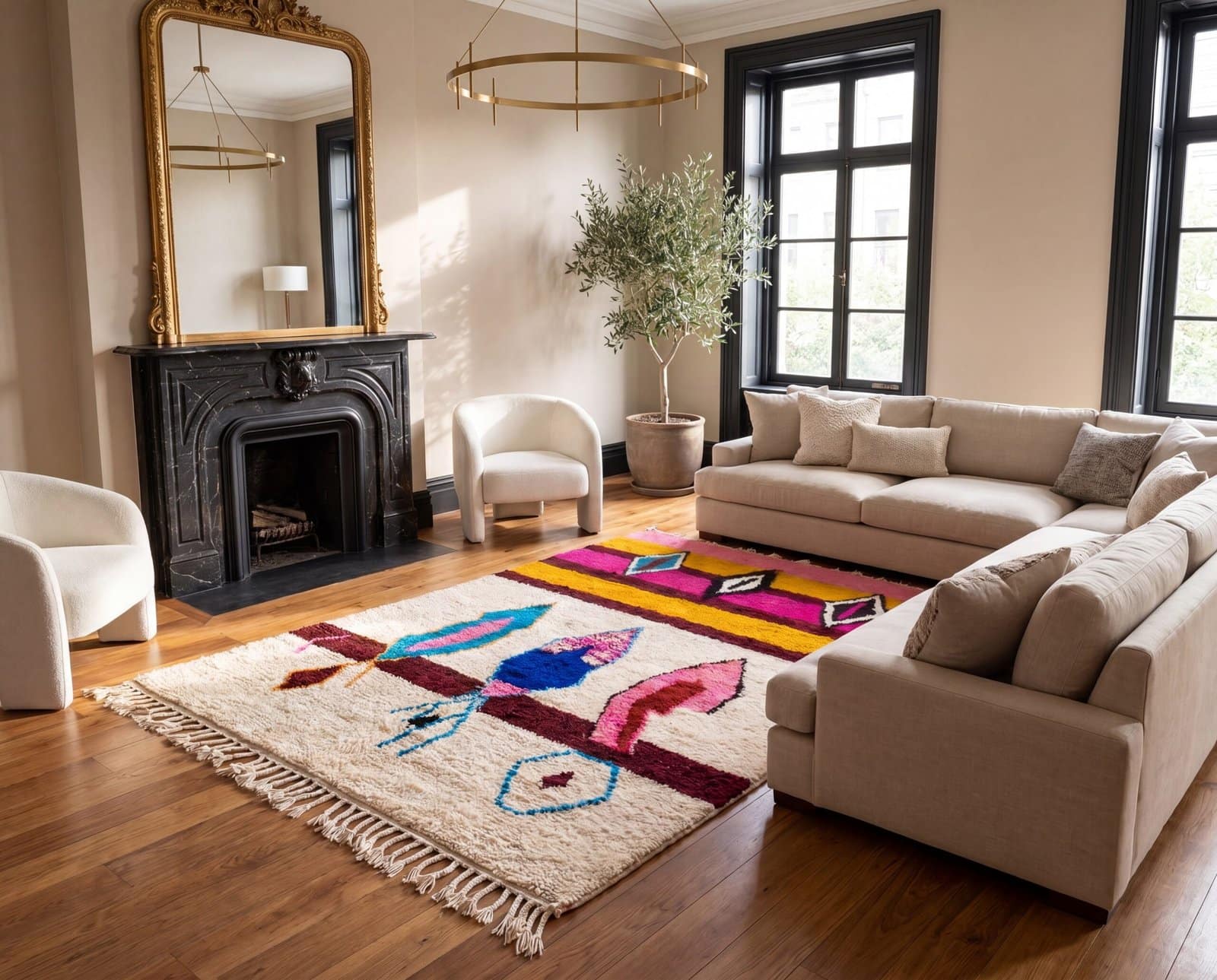 beniourain-inspired-rug-colorful-moroccan-area-rug Pink Moroccan Berber Rug | Handmade Colorful Wool Area Rug | Plush Boho Tribal Carpet | Cream Living Room Decor | Custom Size