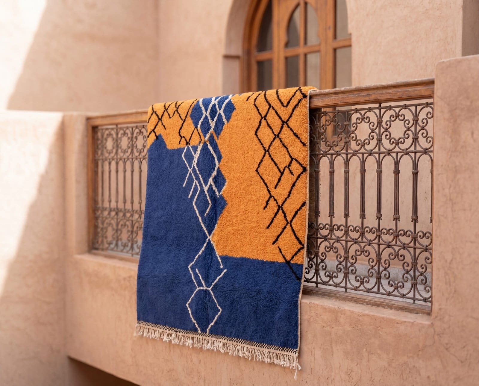 blue-white-moroccan-rug-handwoven-tribal-wool-carpet-living-room Handmade Beni Ourain Wool Rug – Moroccan Berber Boho Carpet, Blue Orange Geometric Design