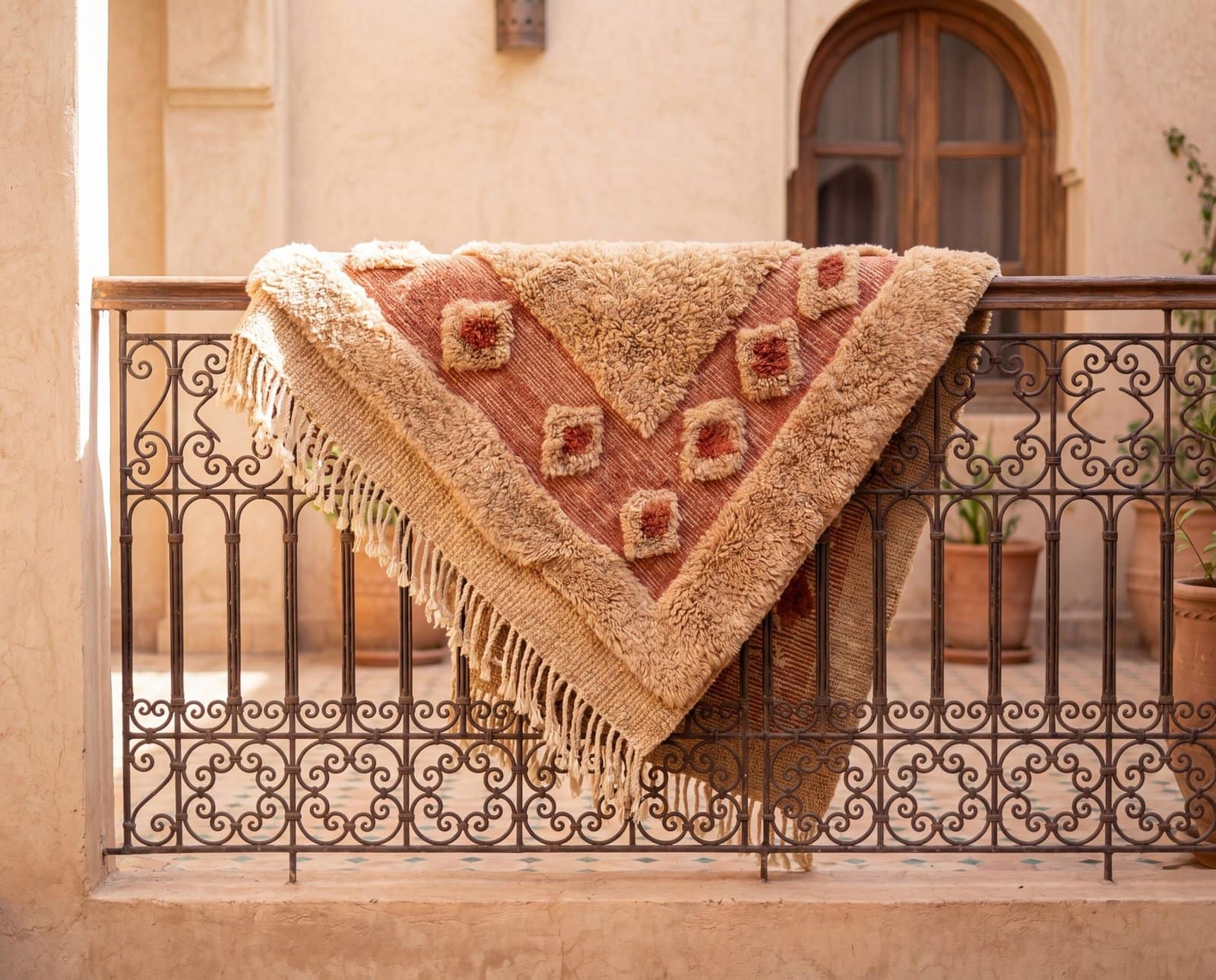 bohemian-moroccan-rug-handwoven-berber-carpet Handmade Moroccan Berber Rug | Plush Beige Wool Area Rug with Tribal Red Border | Boho Luxury Home Decor Carpet for Living Room & Bedroom