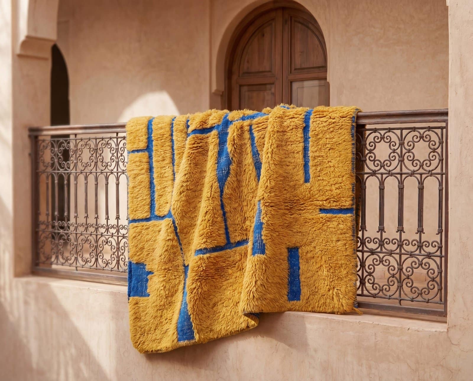 boho-moroccan-rug-amber-blue-bedroom-decor Handmade Beni Ourain Red Rug – Authentic Moroccan Red Rug, Geometric Design, Boho Home Decor