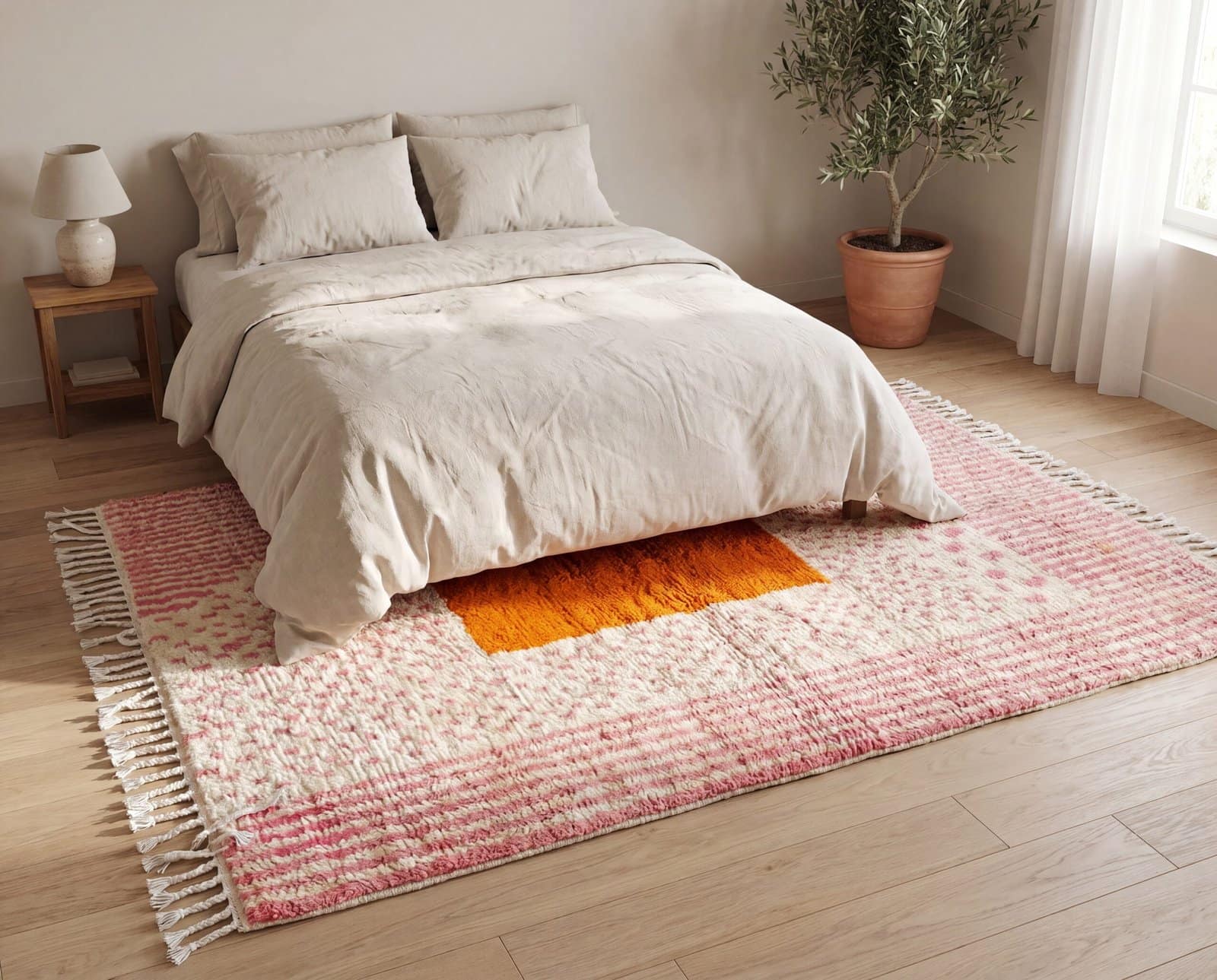 boho-moroccan-rug-blush-and-rust-orange-home-decor Handmade Moroccan Beni Ourain Rug – Pink Stripes, Orange Square Center, Boho Wool Carpet