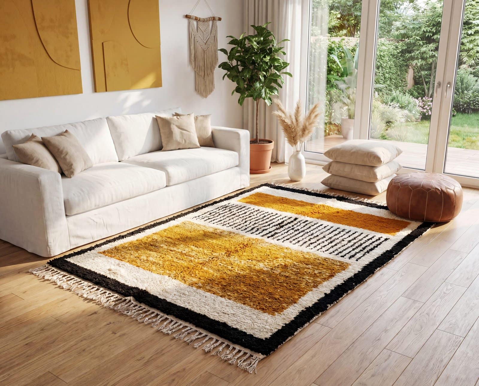 boho-moroccan-rug-soft-wool-area-rug-for-bedroom-living-room Mustard Yellow Beni Ourain Rug | Black Geometric Striped Moroccan Wool Rug | Handwoven Berber Area Rug | Tribal Handmade Carpet | Teppich