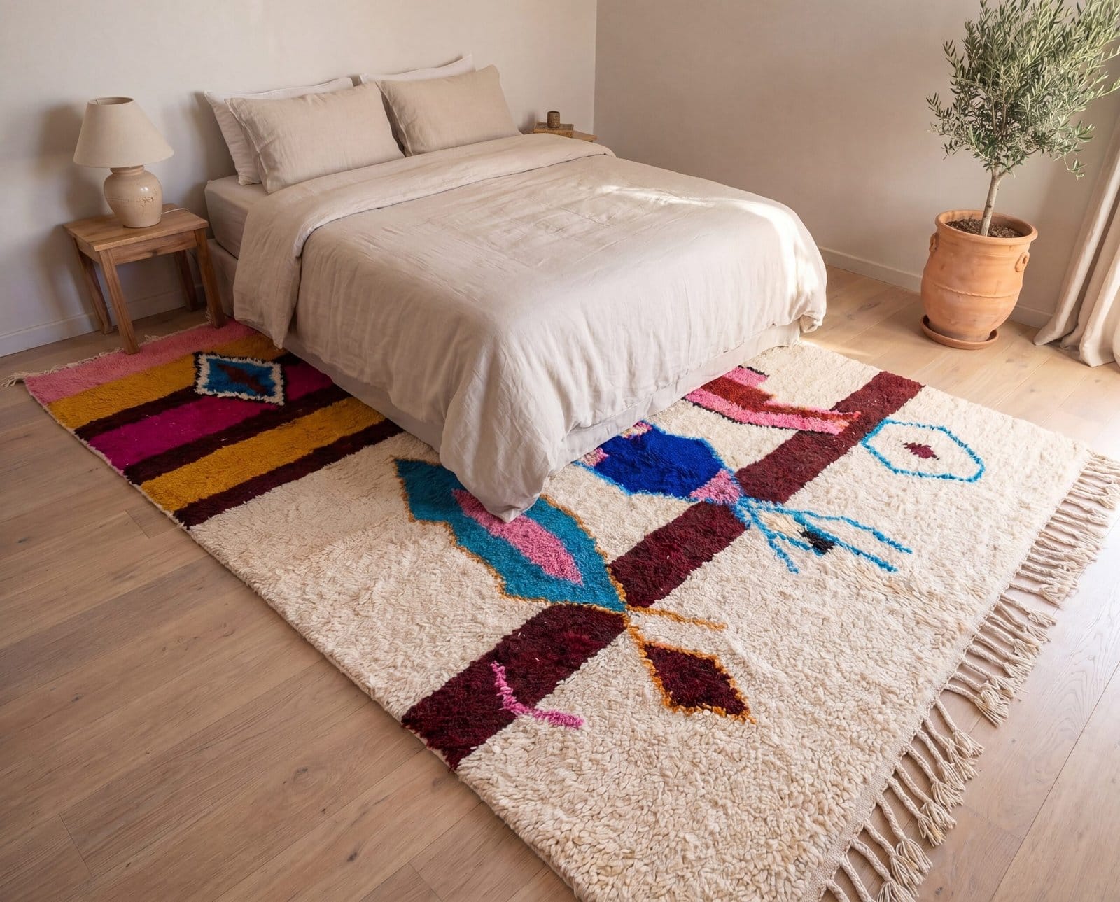 boho-moroccan-rug-soft-wool-living-room-carpet Pink Moroccan Berber Rug | Handmade Colorful Wool Area Rug | Plush Boho Tribal Carpet | Cream Living Room Decor | Custom Size
