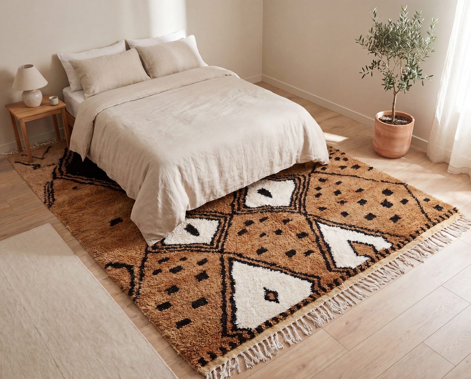 boho-moroccan-rug-soft-wool-tribal-floor-carpet Hand-Knotted Beni Ourain Wool Rug, Brown White Berber Shag Carpet