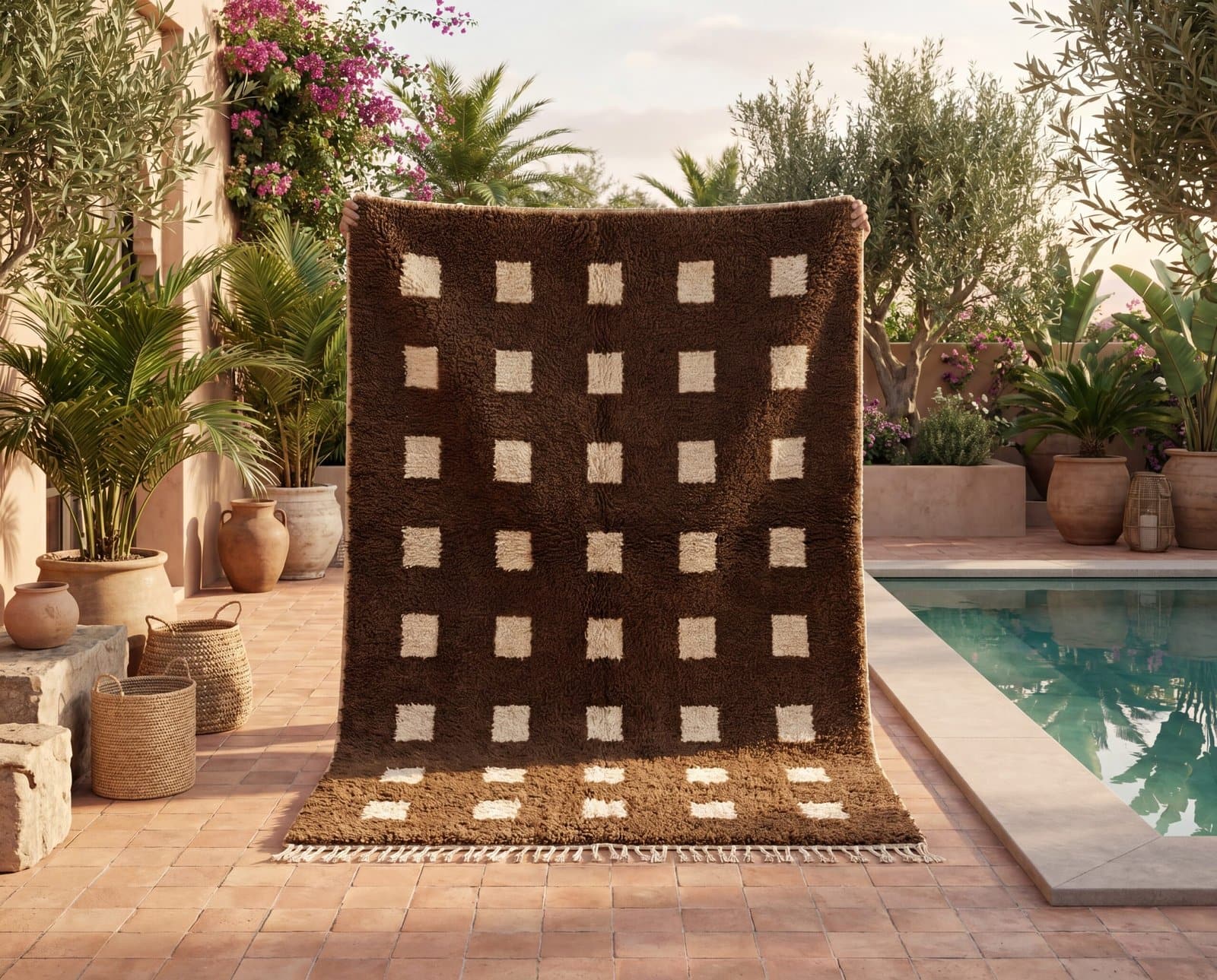 chocolate-beni-ourain-rug-modern-moroccan-carpet Custom Moroccan Rug, Beni Ourain Brown & White Geometric, Square Shag Rug, Handmade Area Rug