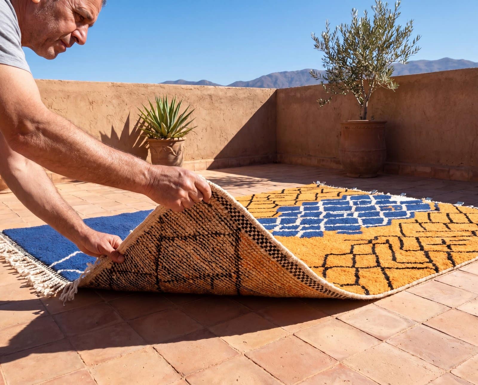 cobalt-blue-azilal-rug-berber-geometric-area-rug-scandinavian-style Handmade Beni Ourain Wool Rug – Moroccan Berber Boho Carpet, Blue Orange Geometric Design