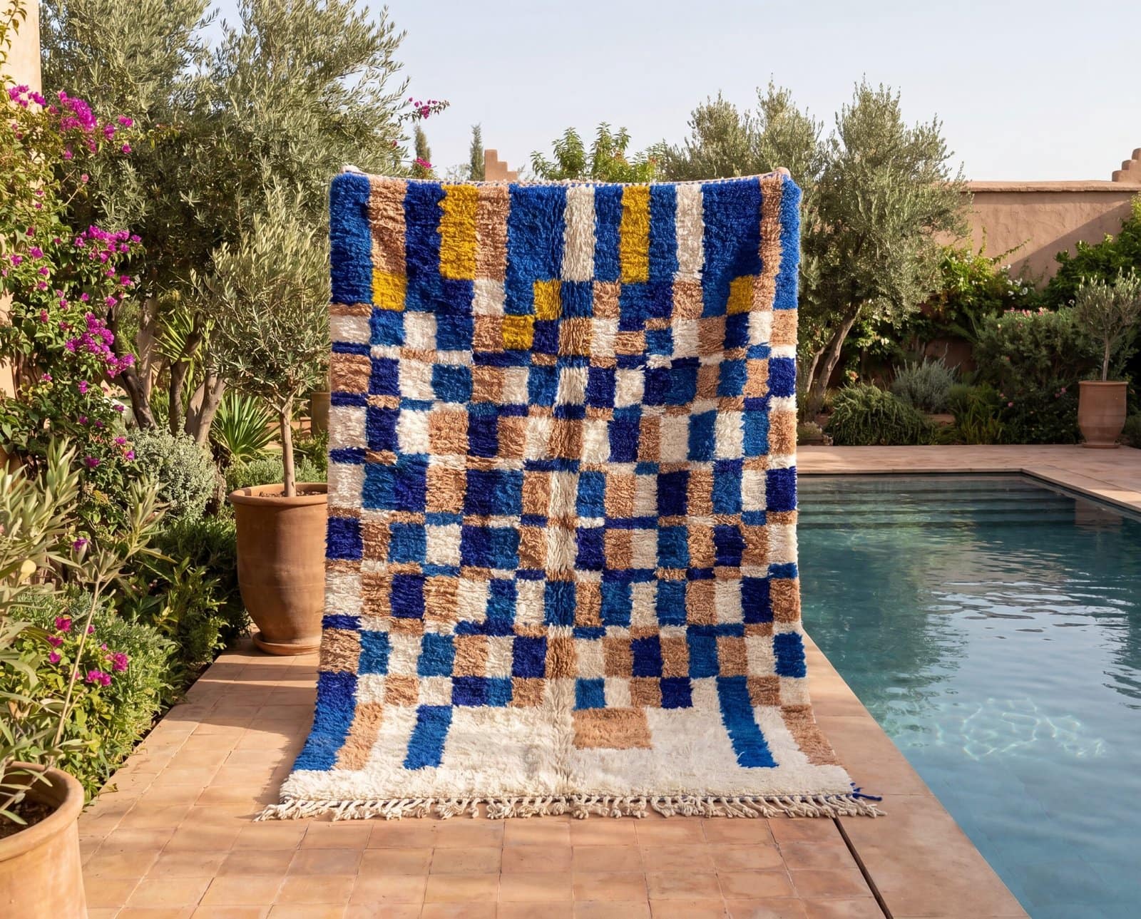 colorful-moroccan-berber-rug-blue-checkerboard-wool-carpet Handmade Moroccan Azilal Rug | Blue Berber Wool Geometric Carpet