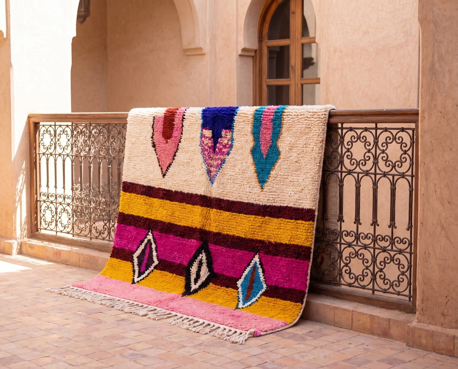colorful-moroccan-rug-plush-wool-berber-carpet Pink Moroccan Berber Rug | Handmade Colorful Wool Area Rug | Plush Boho Tribal Carpet | Cream Living Room Decor | Custom Size