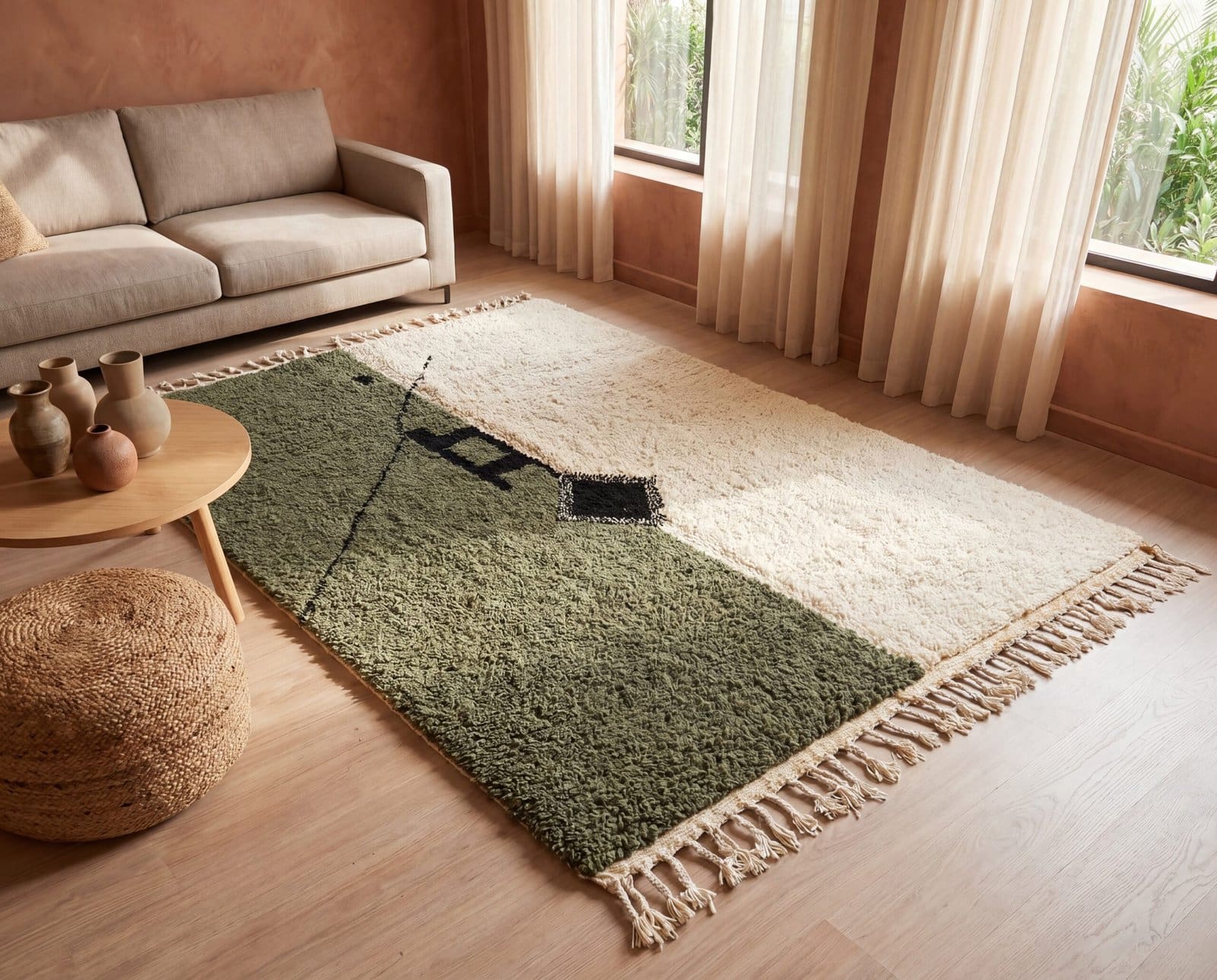 contemporary-beni-ourain-rug-olive-green-shag-rug Olive Green Beni Ourain Rug- Handmade Moroccan Wool Carpet - Minimalist Berber Shag Rug
