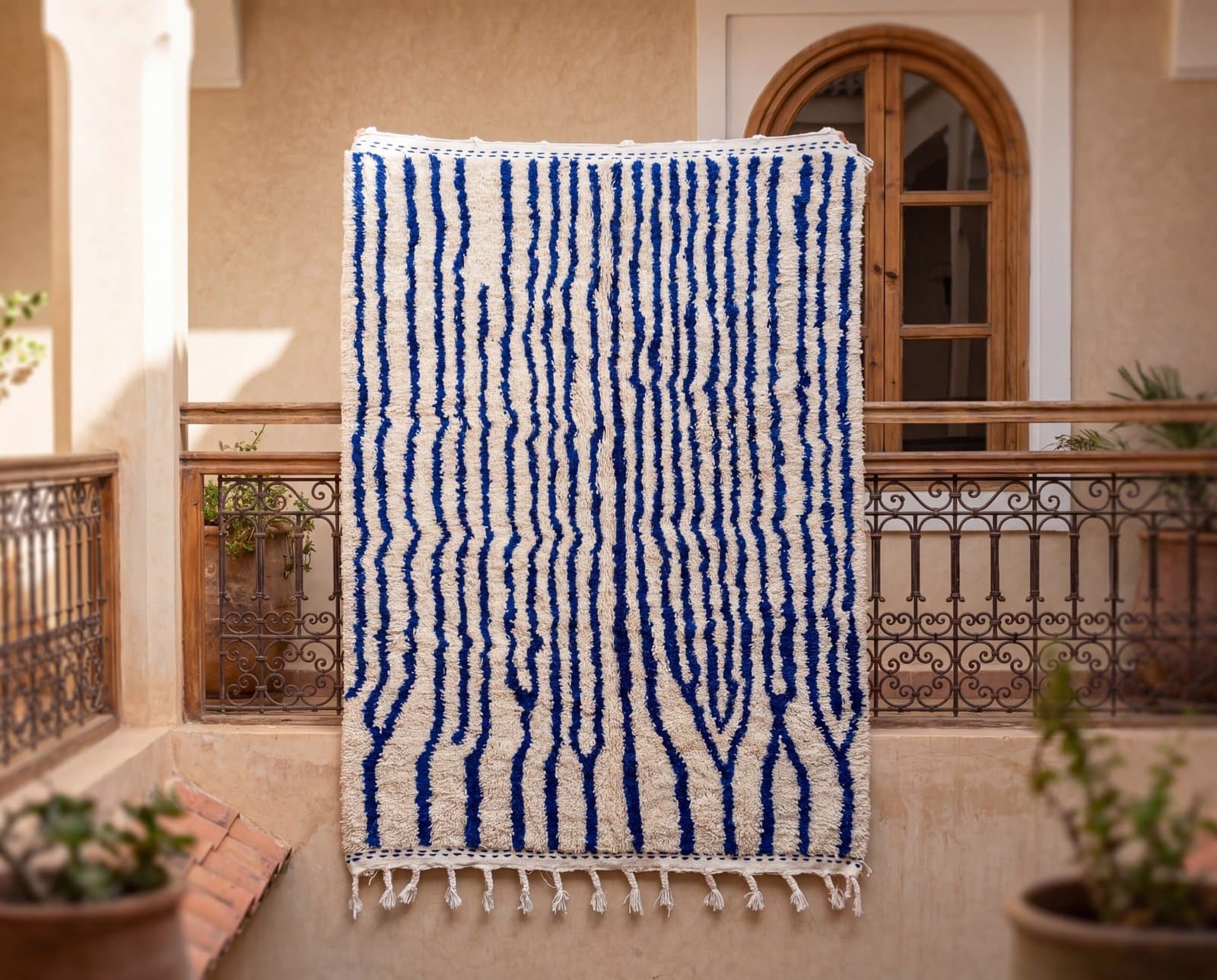 contemporary-berber-rug-blue-white-shaggy-rug Contemporary Beni Ourain Rug – Luxury Moroccan Ivory Blue Stripe Area Rug