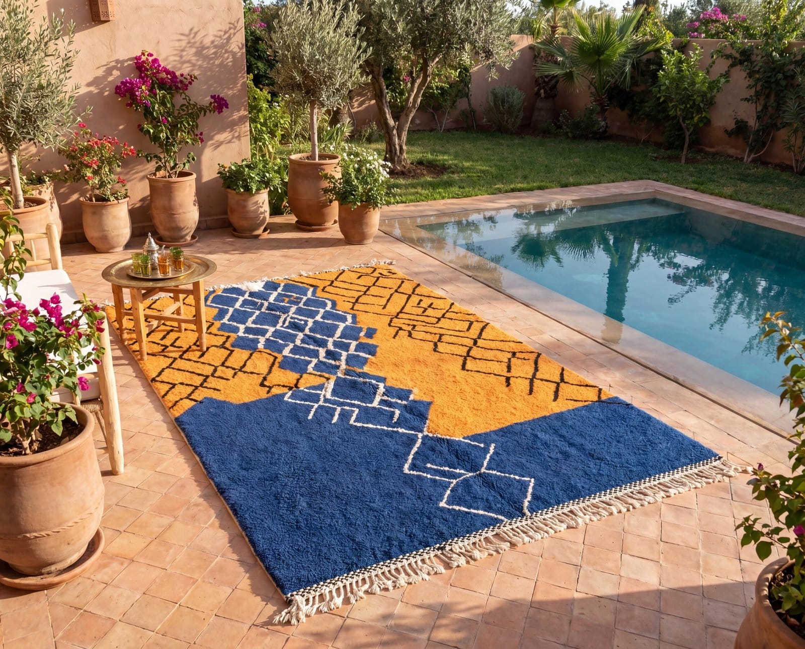 contemporary-blue-ivory-beni-ourain-rug-soft-wool-rug Handmade Beni Ourain Wool Rug – Moroccan Berber Boho Carpet, Blue Orange Geometric Design